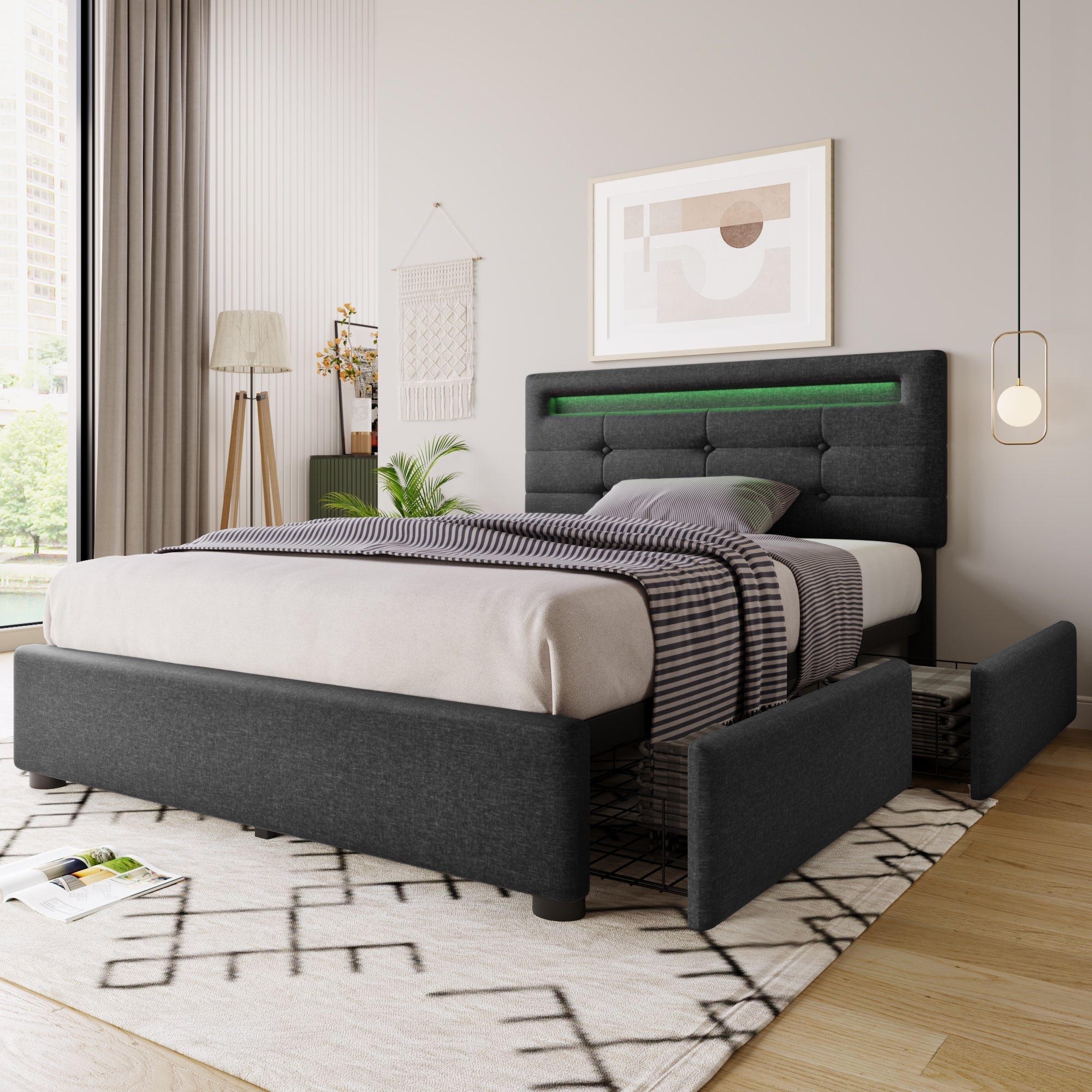 Bed Frame, LED Lighting, 2 Drawers, Adjustable Headboard, Upholstered, Grey