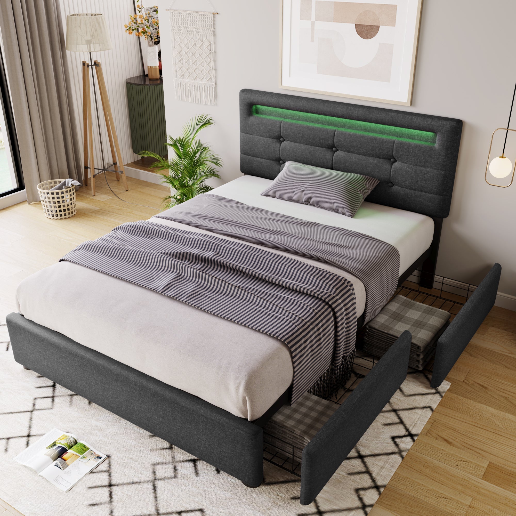 Bed Frame, LED Lighting, 2 Drawers, Adjustable Headboard, Upholstered, Grey