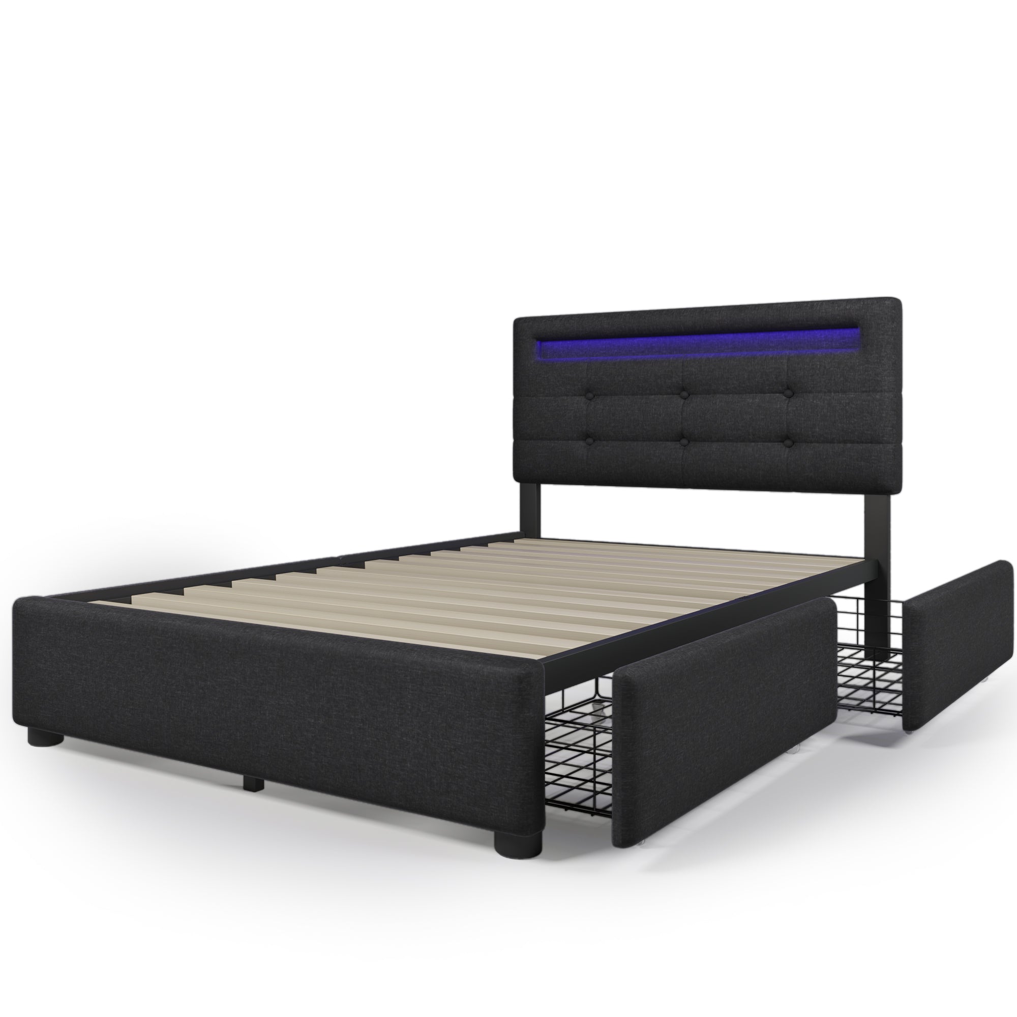 Bed Frame with LED, 2 Drawers, Adjustable Headboard, Black