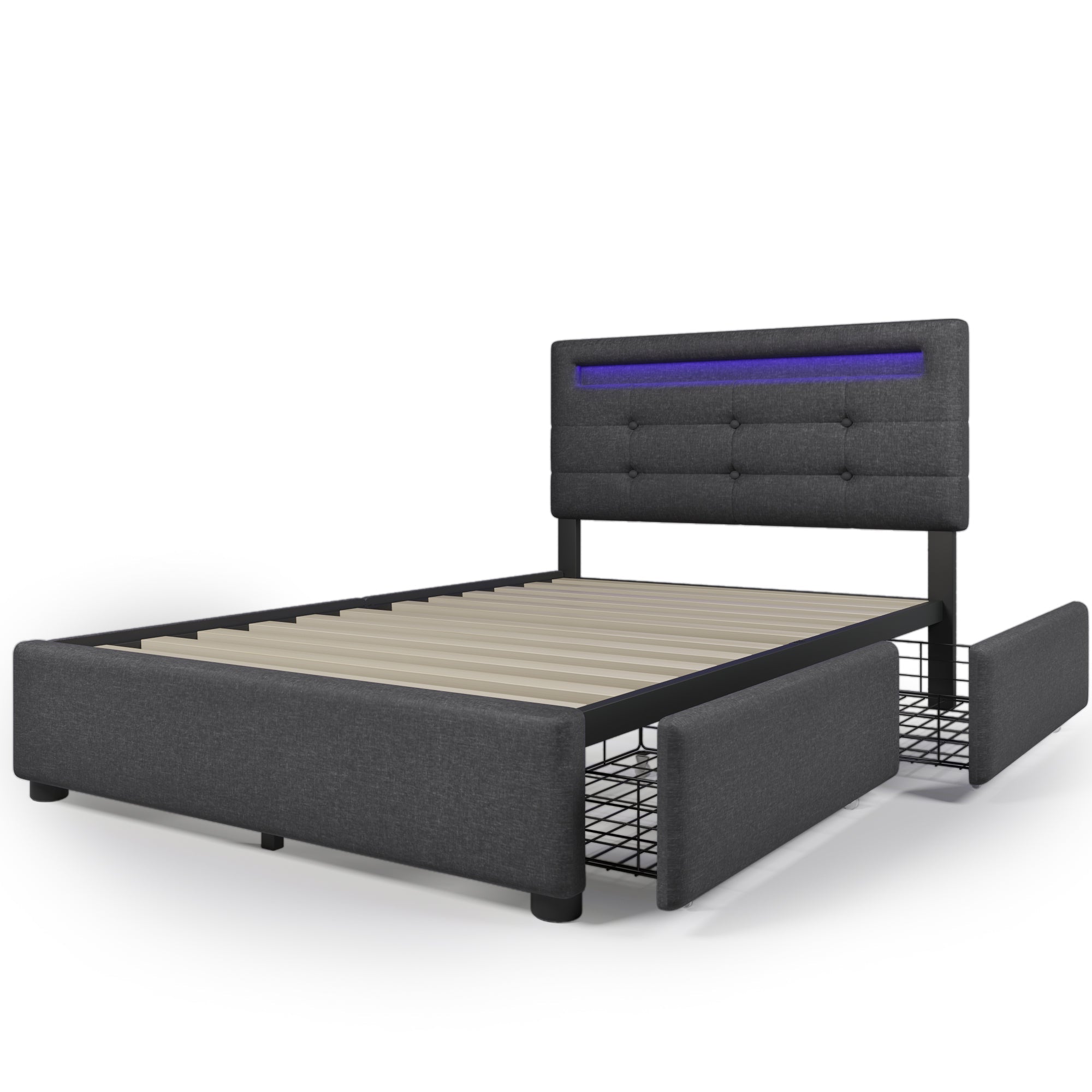 Bed Frame, LED Lighting, 2 Drawers, Adjustable Headboard, Upholstered, Grey