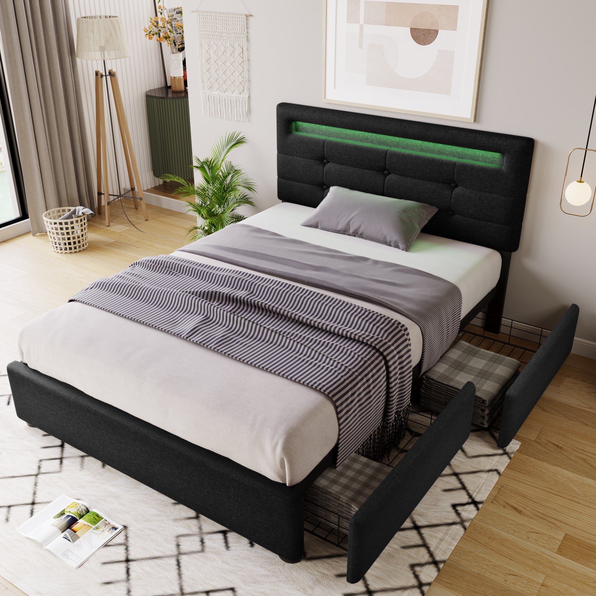 Bed Frame, LED Lighting, 2 Drawers, Adjustable Headboard, Black