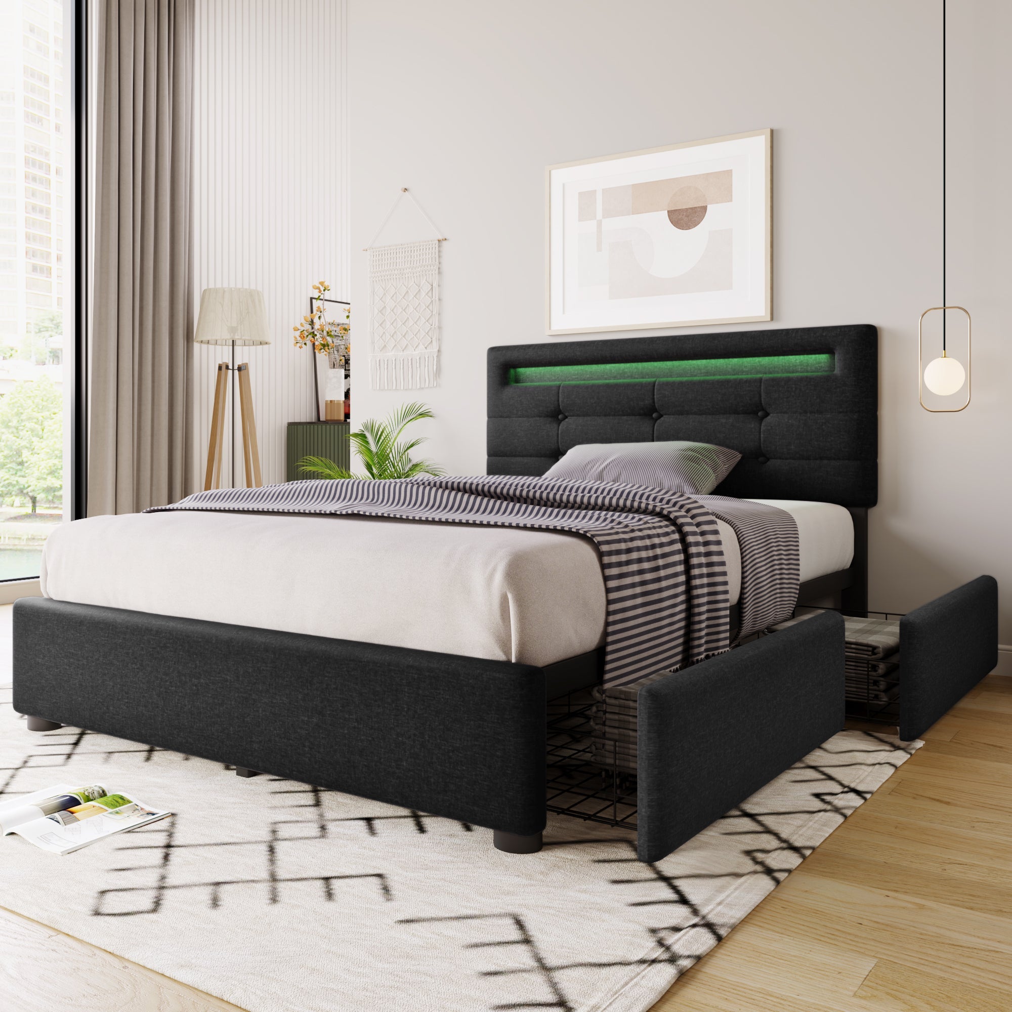 Bed Frame with LED, 2 Drawers, Adjustable Headboard, Black