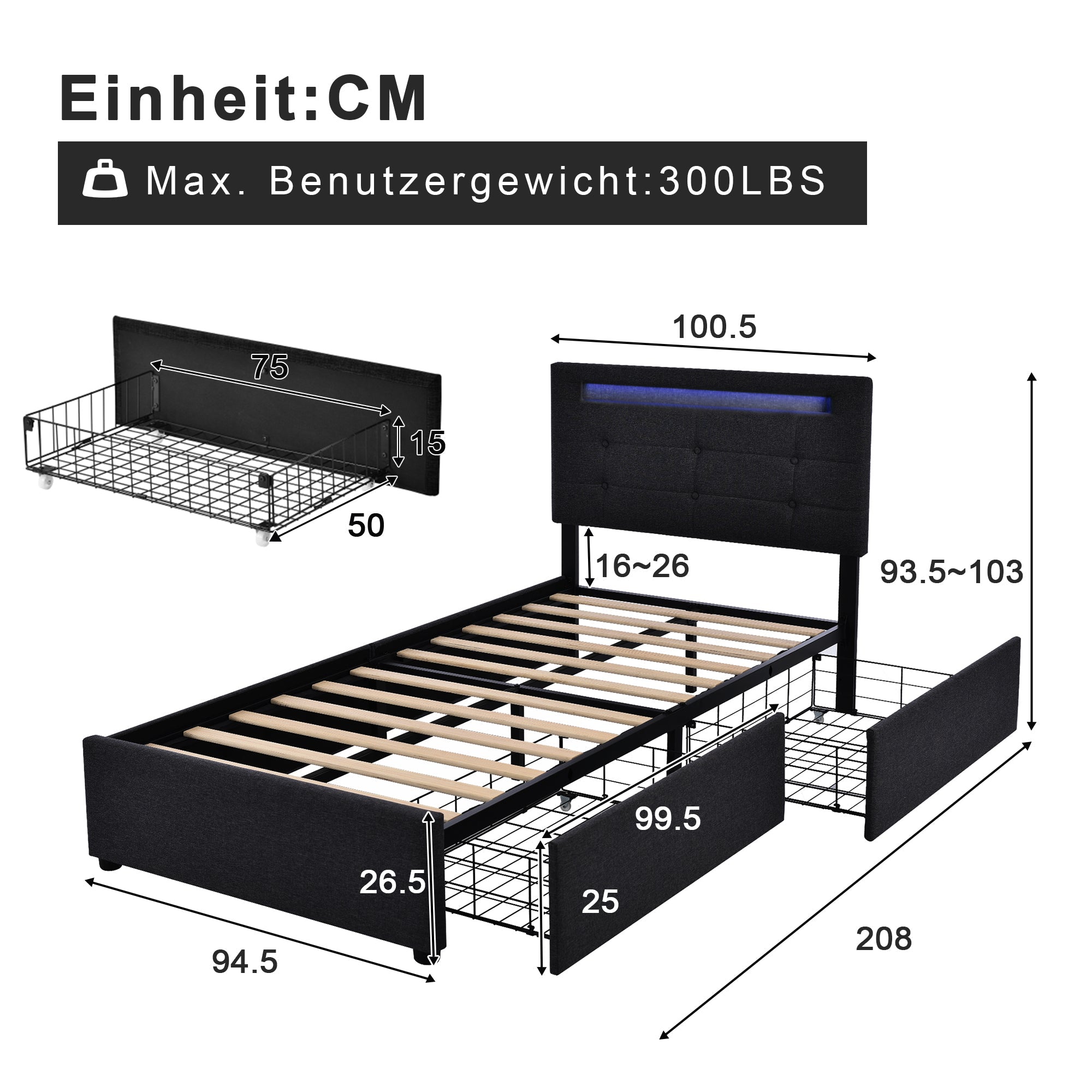 Bed Frame with LED, 2 Drawers, Adjustable Headboard, Black