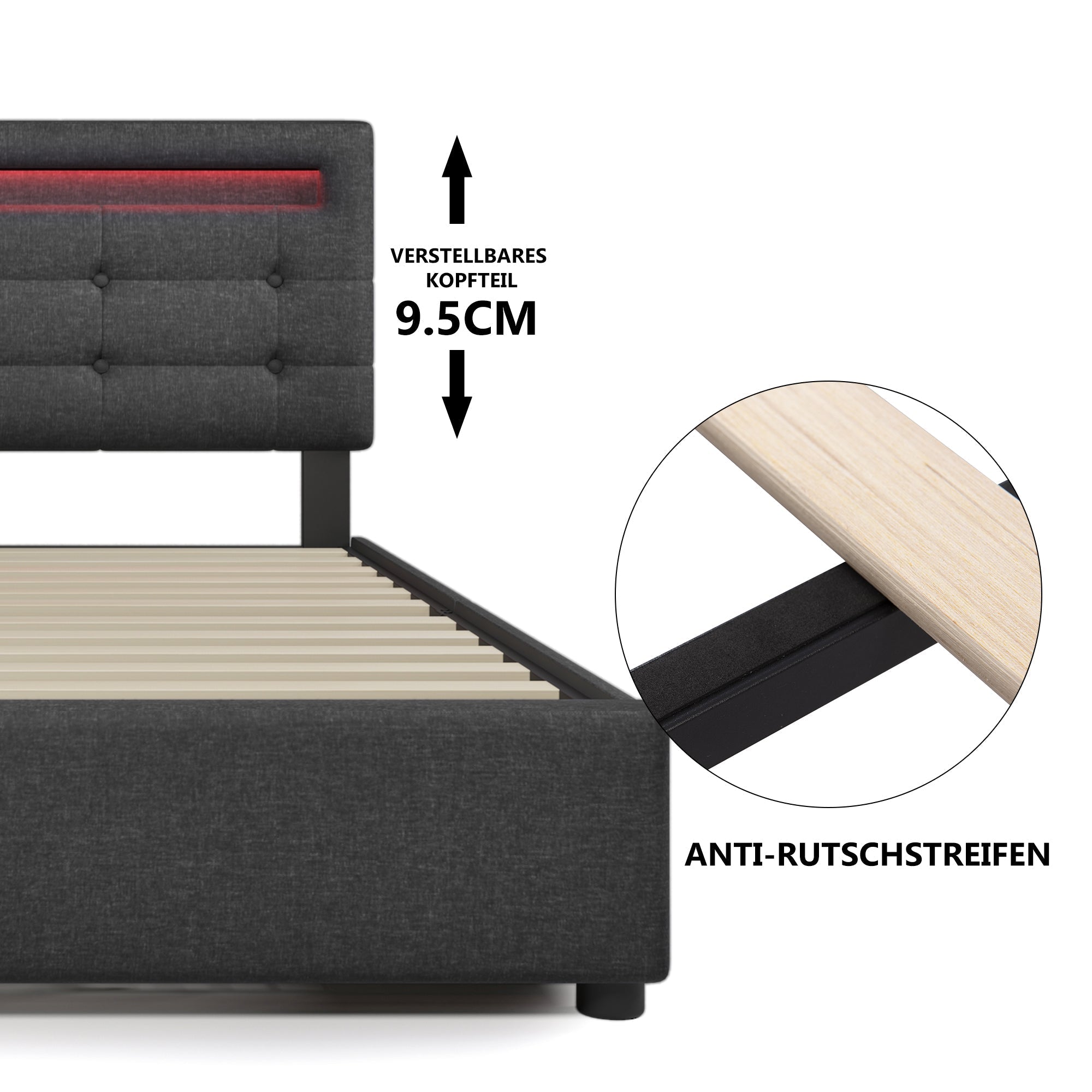 Bed Frame, 140x200cm, LED, 4 Drawers, Adjustable Headboard, Wooden Slats, Grey