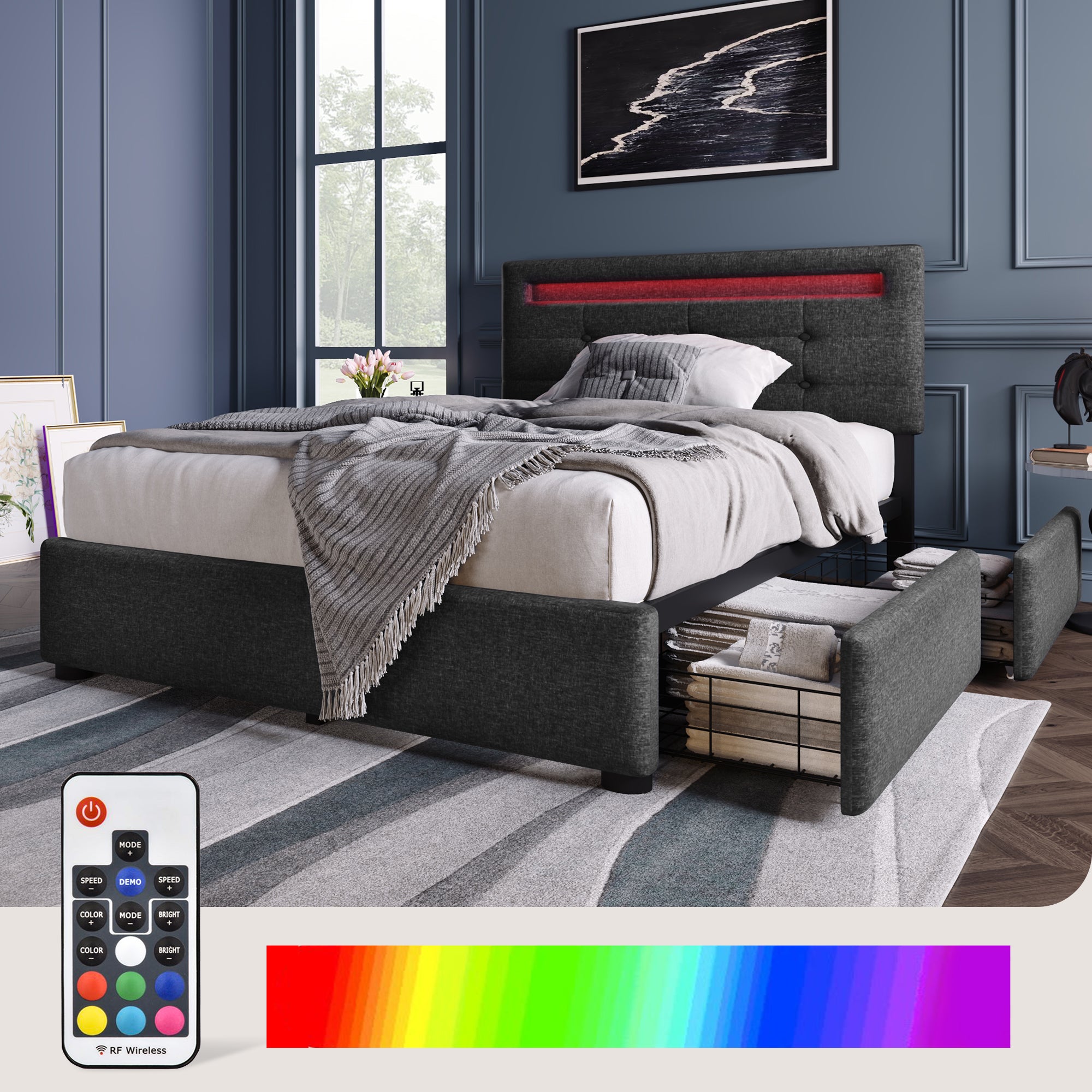 Bed Frame with LED, 2-Drawer, Adjustable Headboard, Wooden Slats, Grey