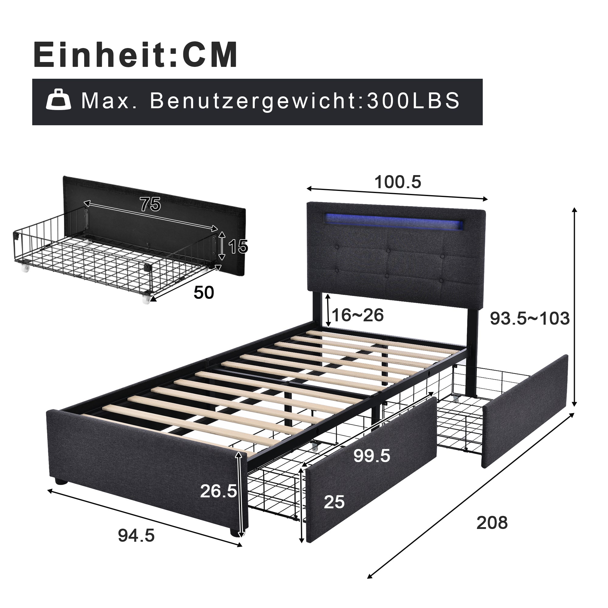 Bed Frame with LED, 2-Drawer, Adjustable Headboard, Wooden Slats, Grey