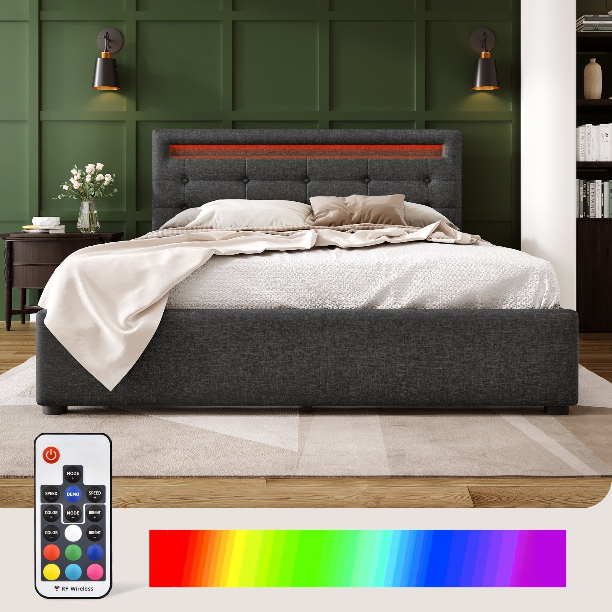 Bed Frame with LED Lighting, 4 Drawers, Adjustable Headboard, Wooden Slats, Grey