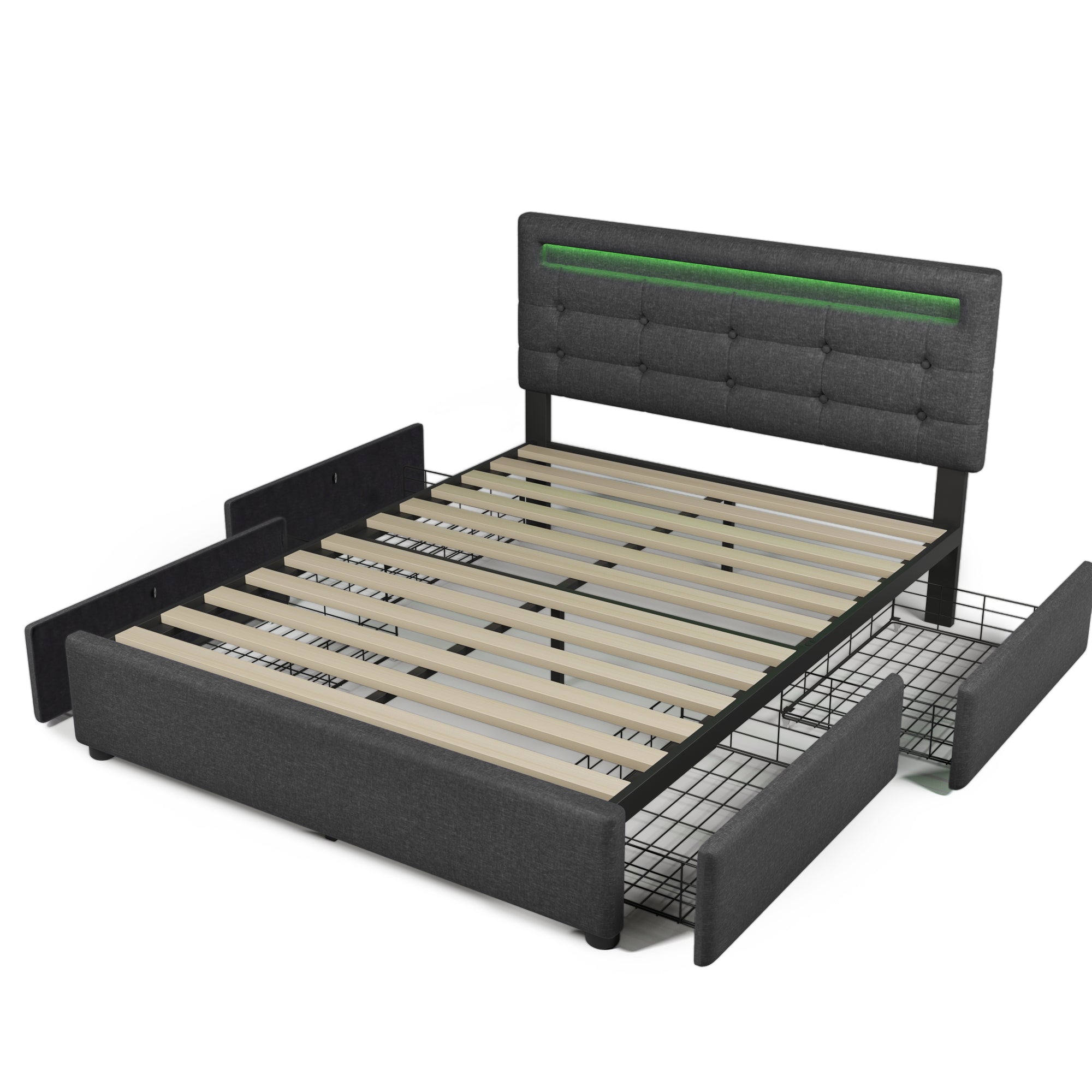 Bed Frame with LED Lighting, 4 Drawers, Adjustable Headboard, Wooden Slats, Grey