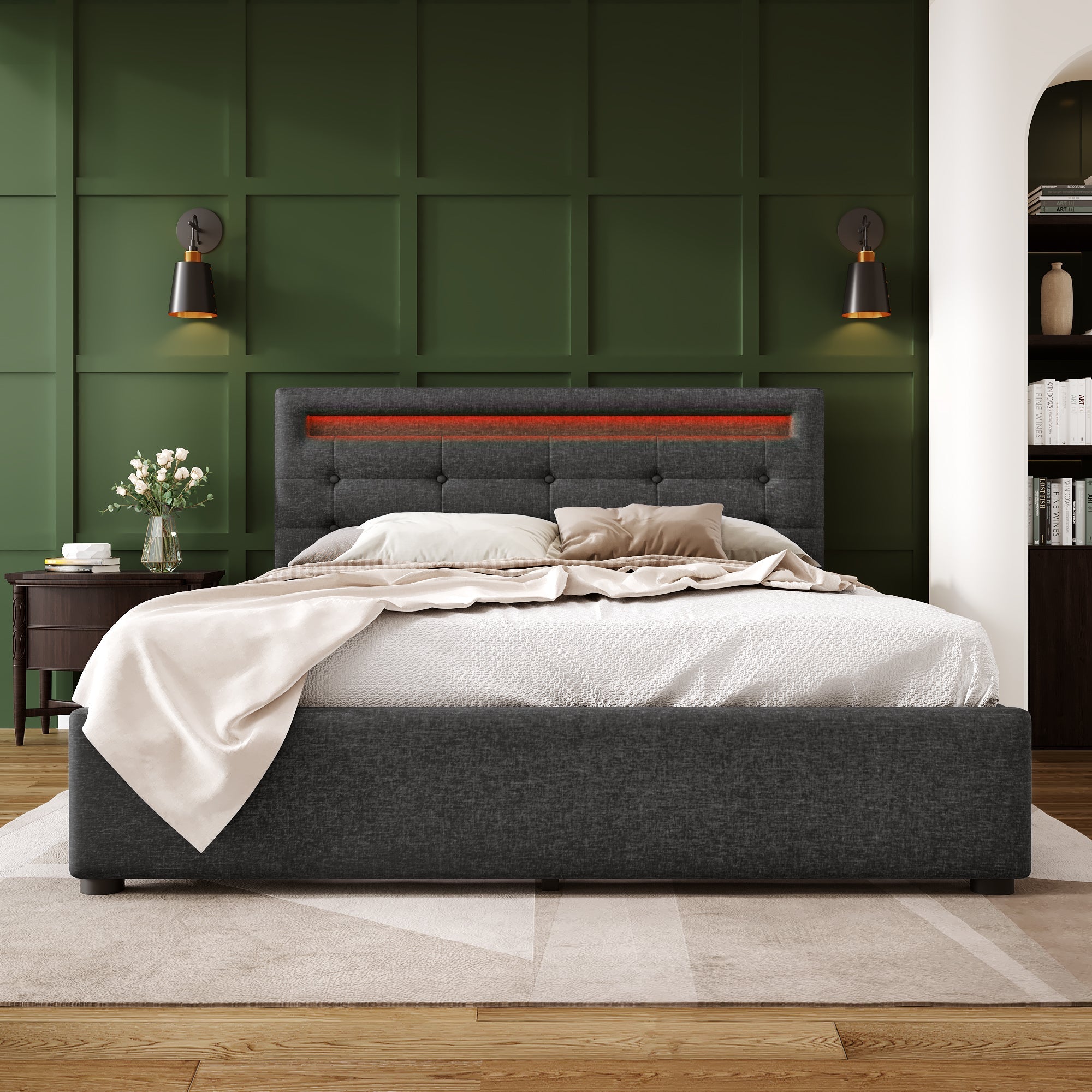Bed Frame with LED Lighting, 4 Drawers, Adjustable Headboard, Wooden Slats, Grey