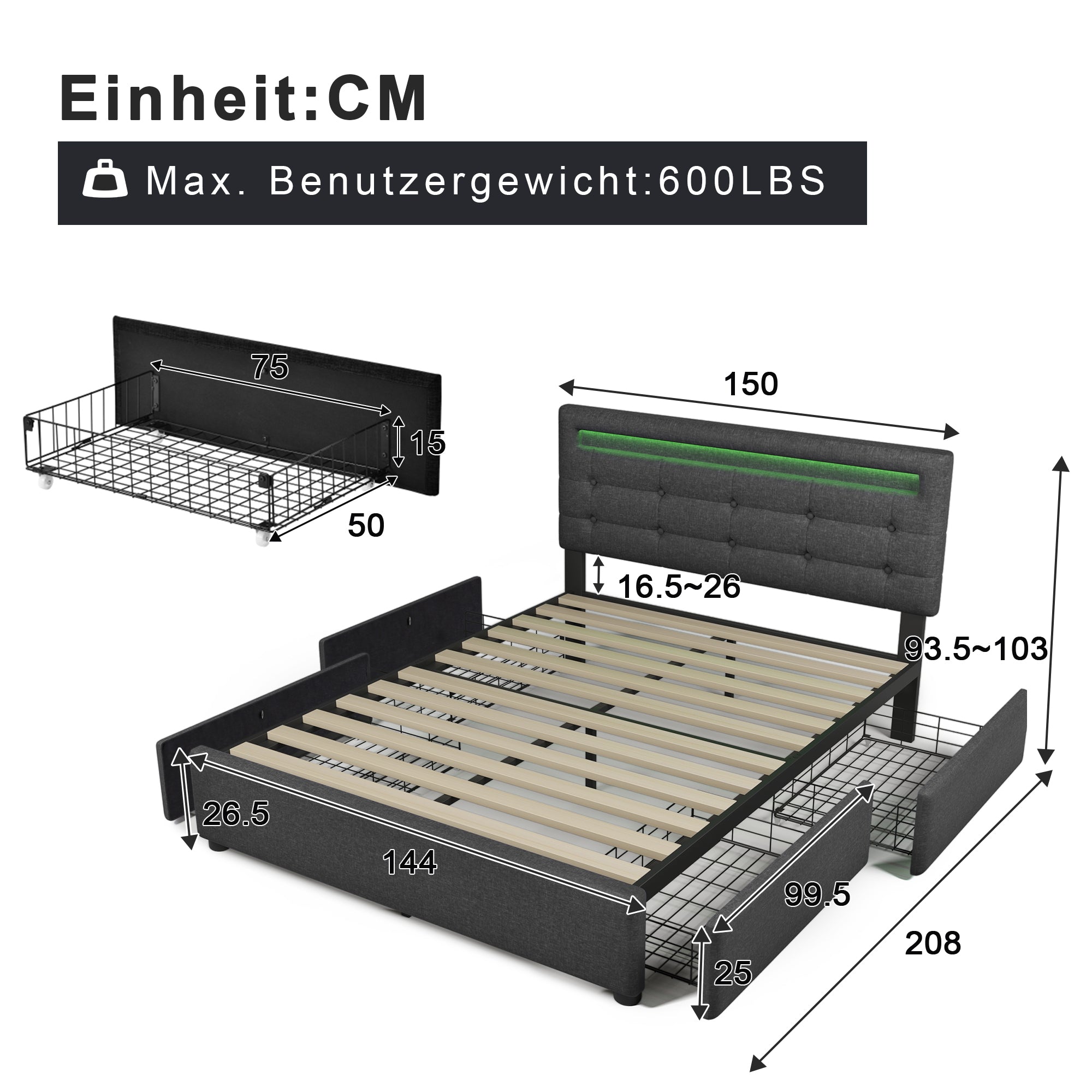 Bed Frame, 140x200cm, LED, 4 Drawers, Adjustable Headboard, Wooden Slats, Grey