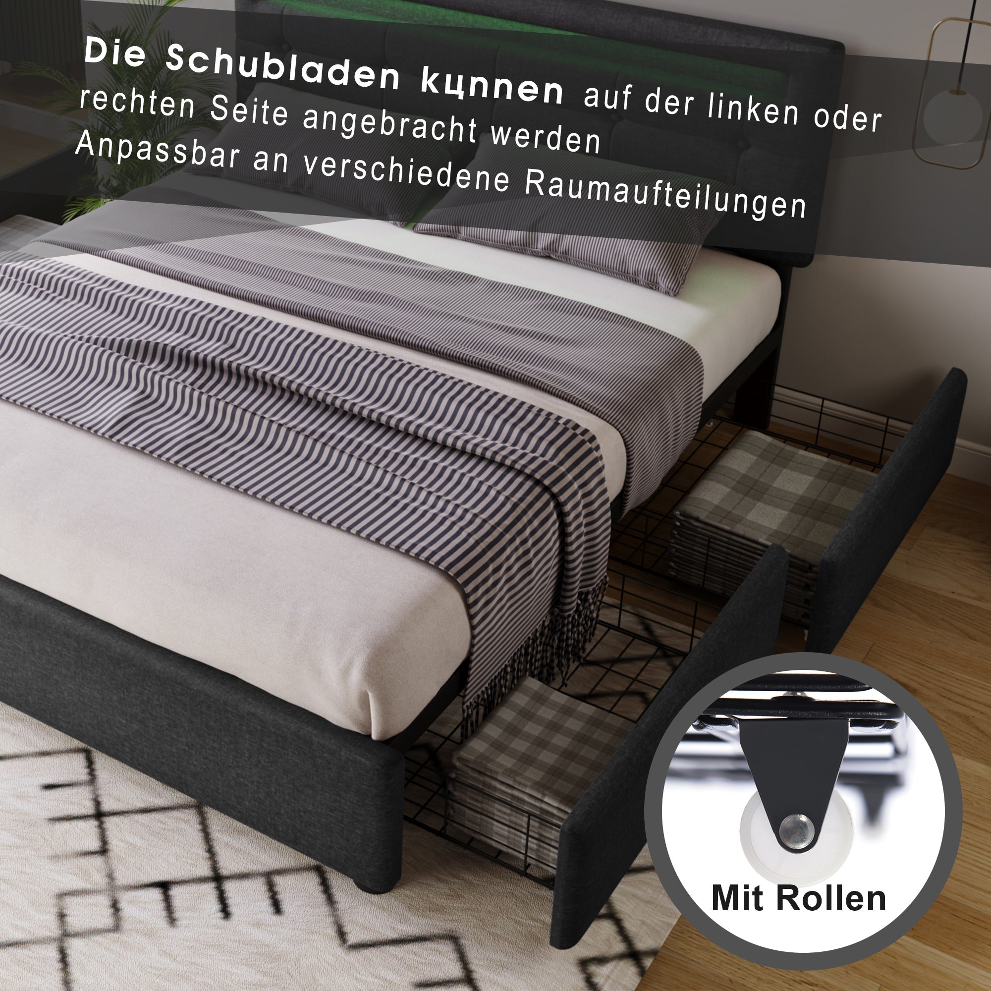 Bed Frame, 140x200cm, LED, 4 Drawers, Adjustable Headboard, Wooden Slats, Grey