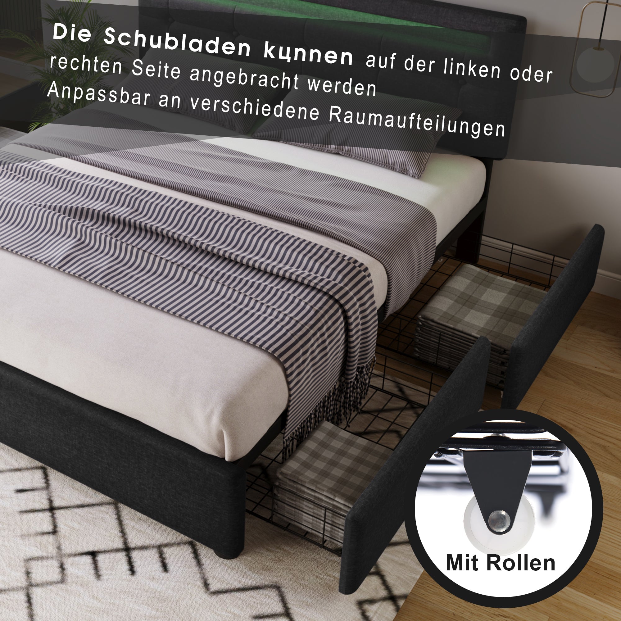 Bed Frame with LED, 4 Drawers, Adjustable Headboard, Black