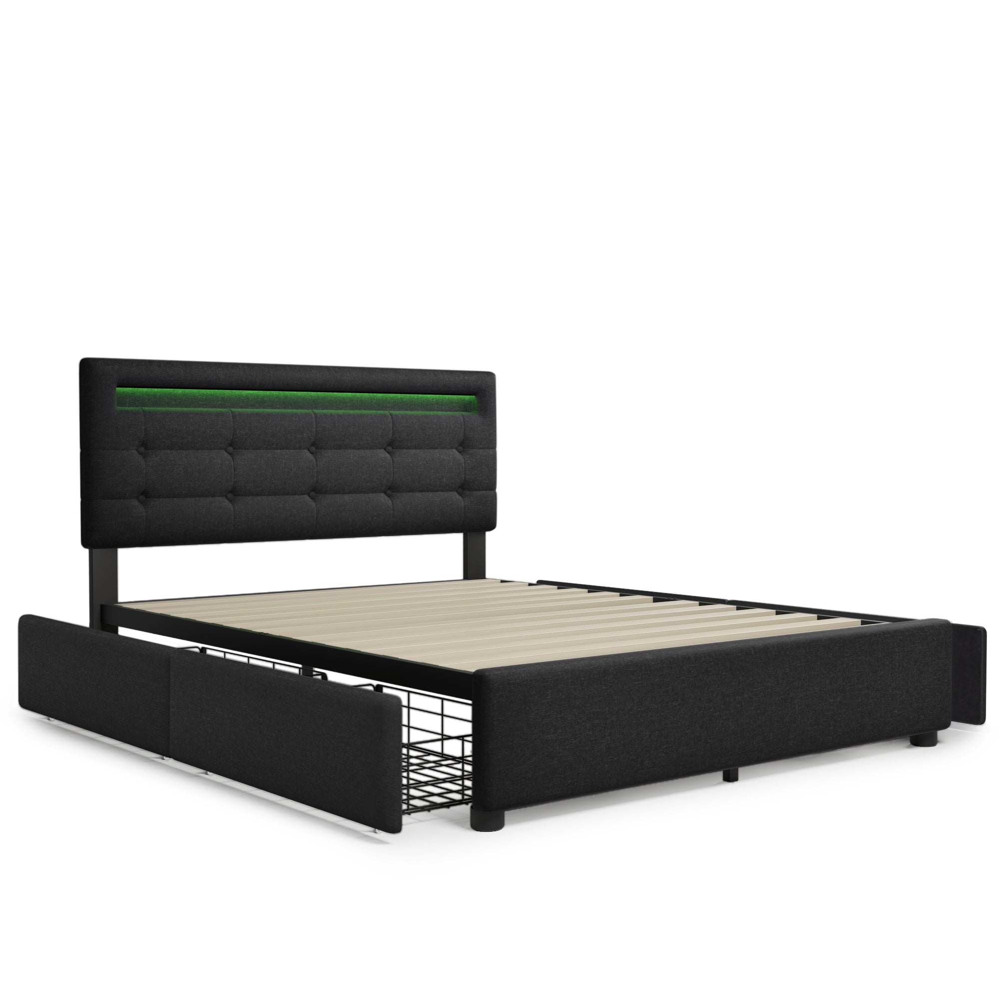 Bed Frame with Mattress, LED Lighting, 4 Drawers, Height-Adjustable Headboard, Wooden Slatted Frame, Black