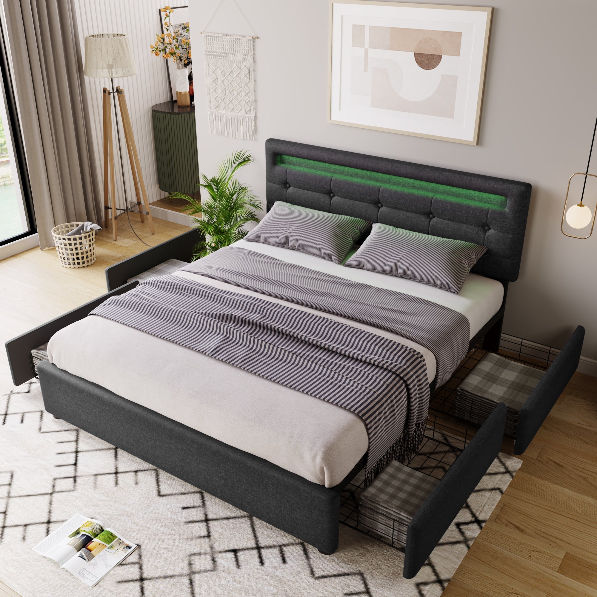 Bed Frame with LED Lighting, 4 Drawers, Adjustable Headboard, Wooden Slats, Grey