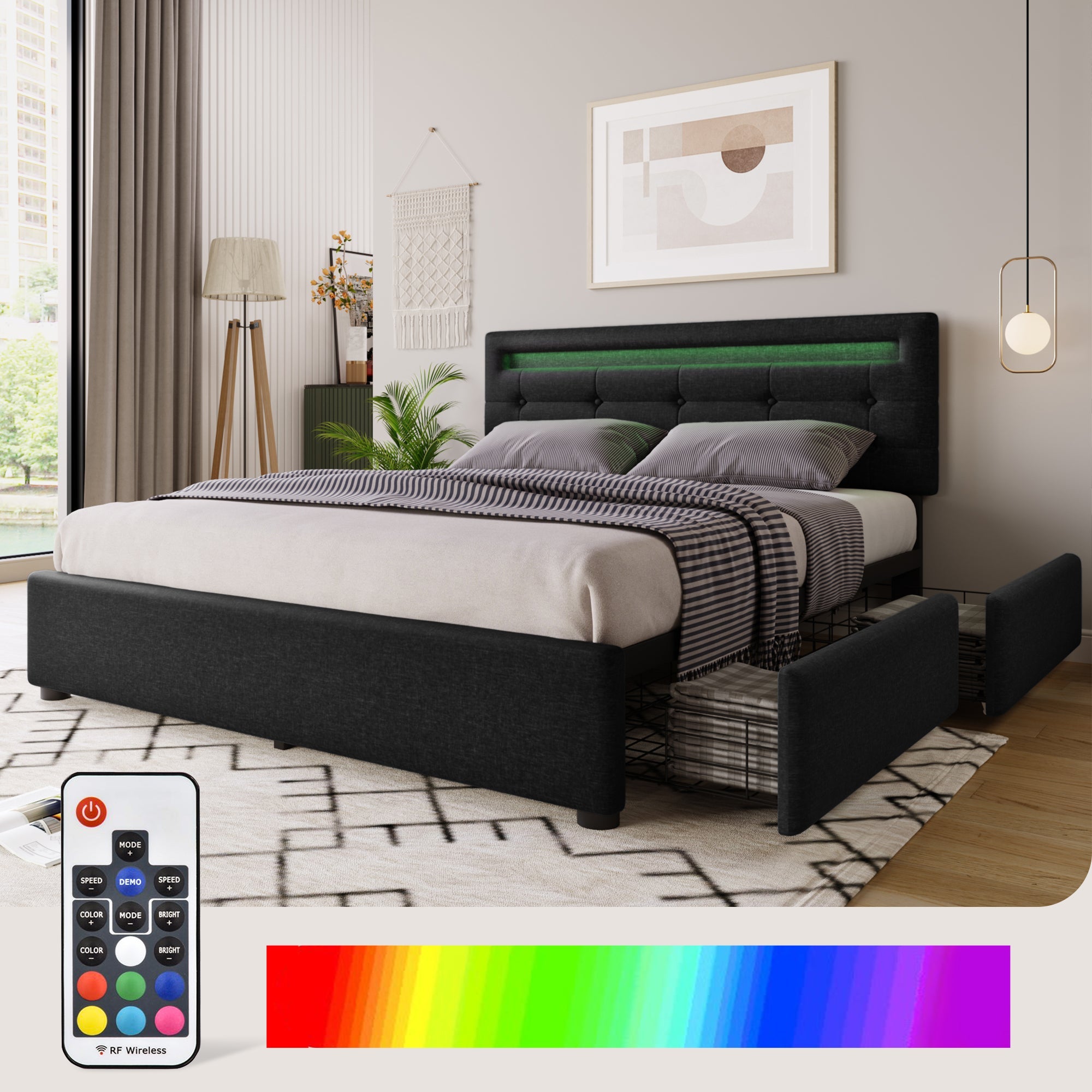 Bed Frame with LED, 4 Drawers, Adjustable Headboard, Black