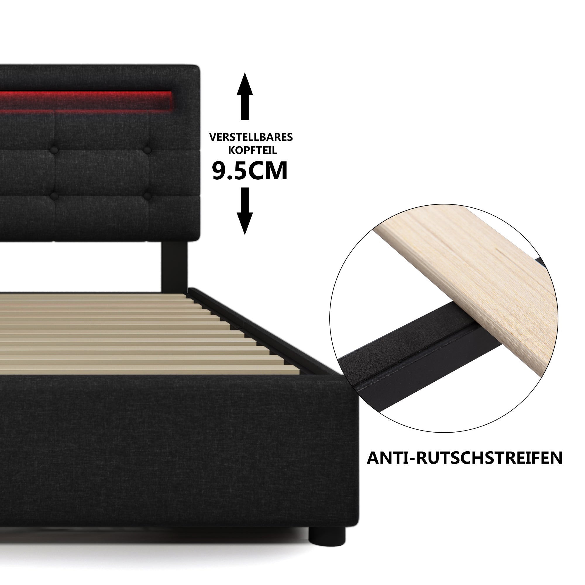 Bed Frame with LED, 4 Drawers, Adjustable Headboard, Black