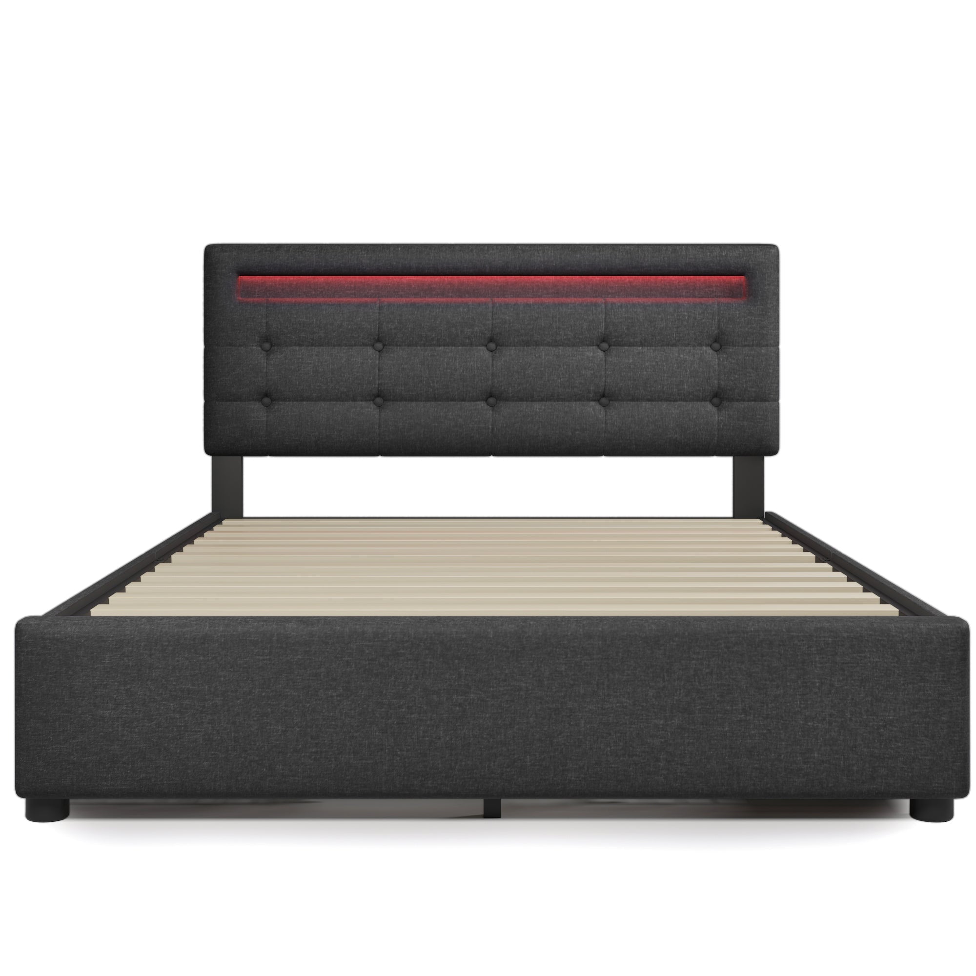 Bed Frame, 140x200cm, LED, 4 Drawers, Adjustable Headboard, Wooden Slats, Grey