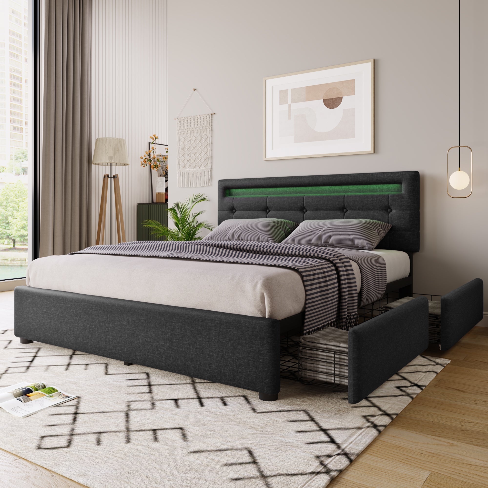 Bed Frame with LED Lighting, 4 Drawers, Adjustable Headboard, Wooden Slats, Grey