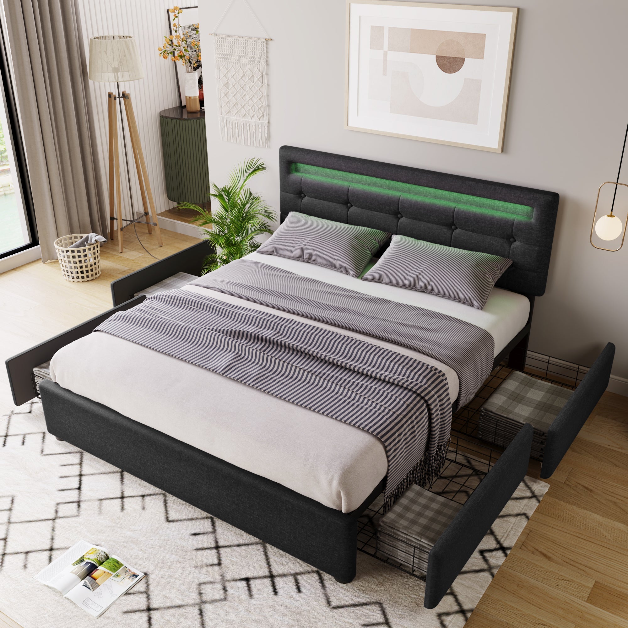 Bed Frame with Mattress, LED Lighting, 4 Drawers, Height-Adjustable Headboard, Wooden Slatted Frame, Black