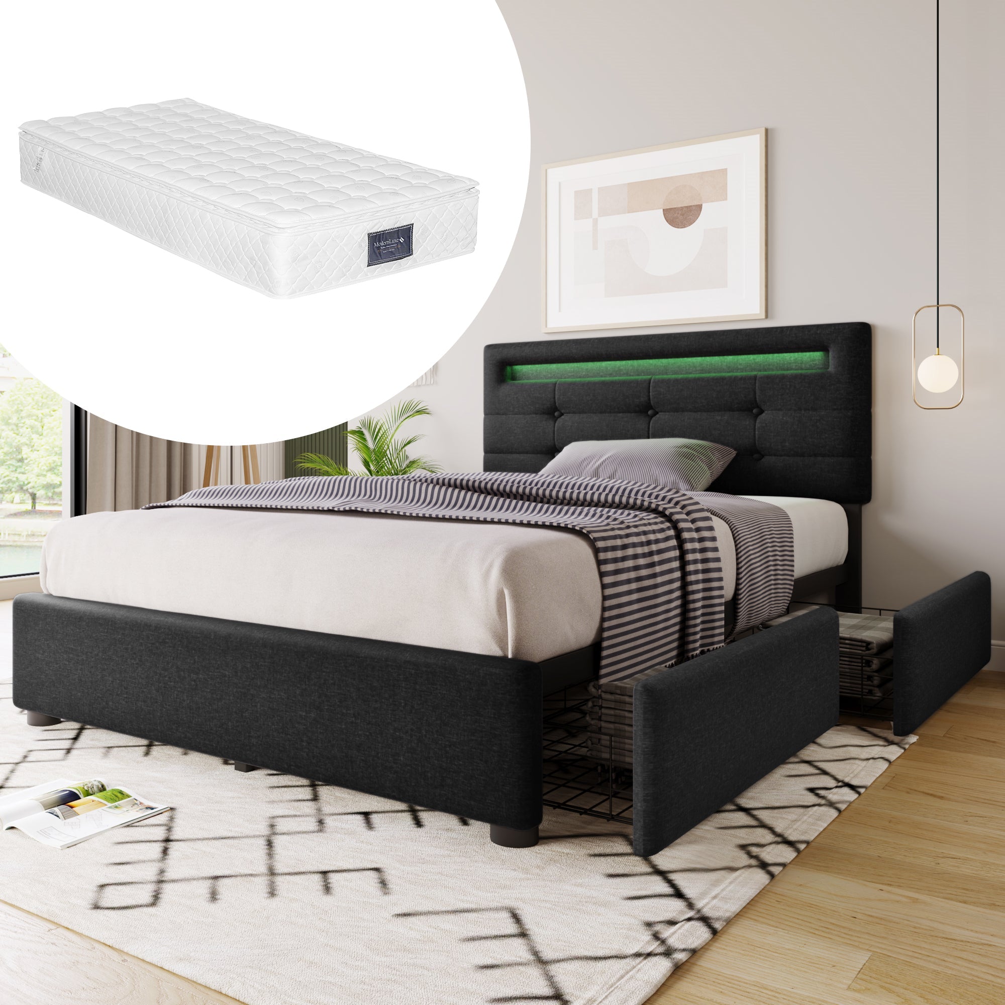 Bed Frame, LED Lighting, 2 Drawers, Adjustable Headboard, Black