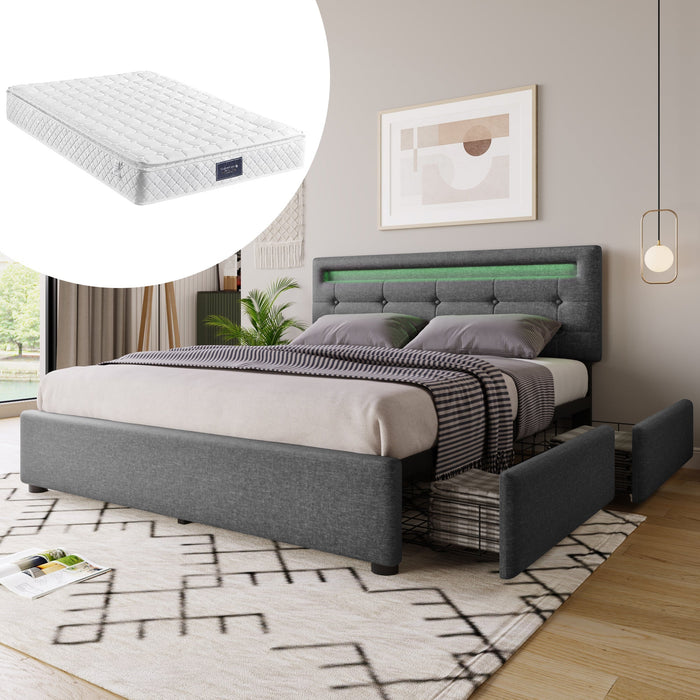 Bed Frame with LED Lighting, 4 Drawers, Adjustable Headboard, Wooden Slats, Grey