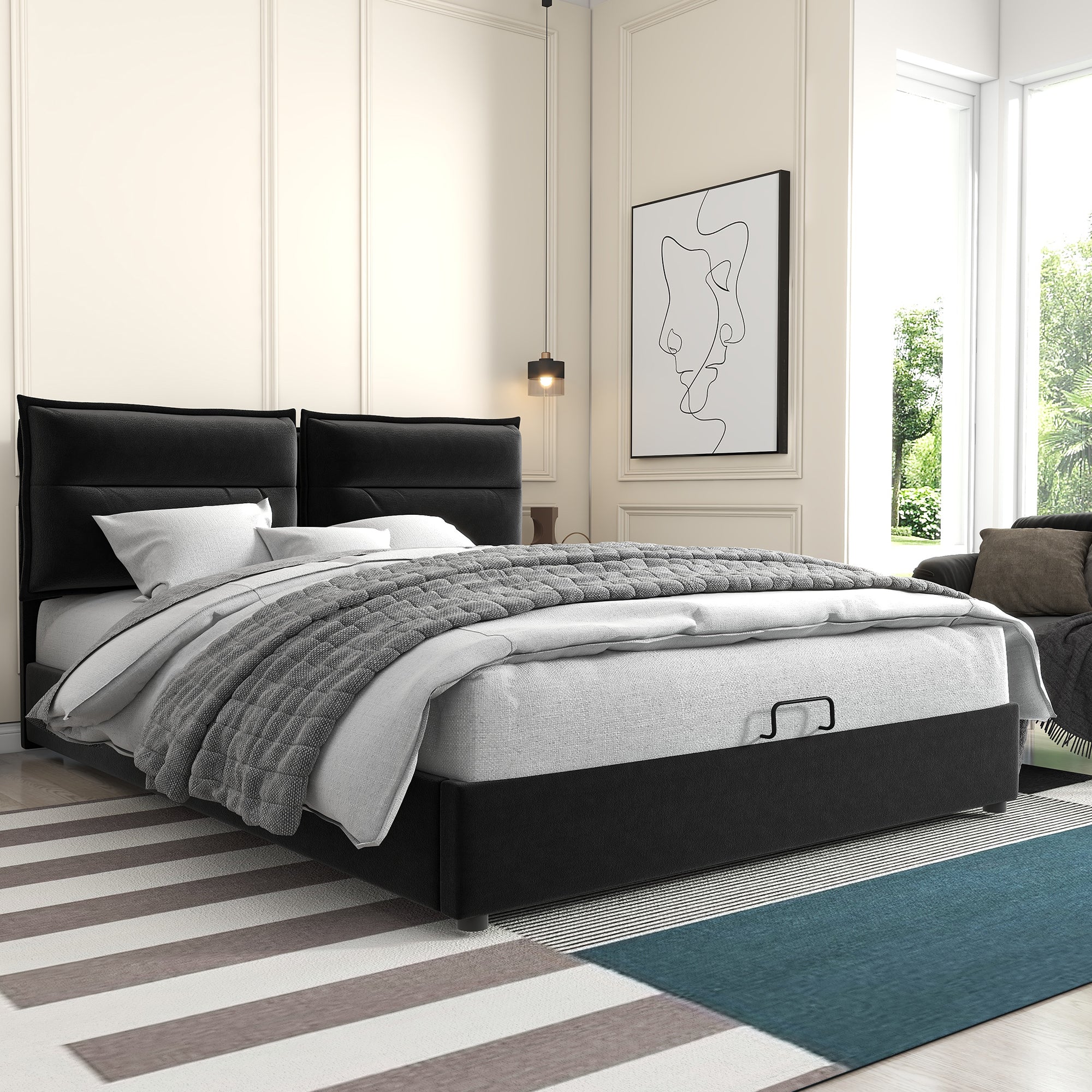 Hydraulic Double Upholstered Bed, 140x200cm Adjustable Headboard Metal Frame, Velvet Black