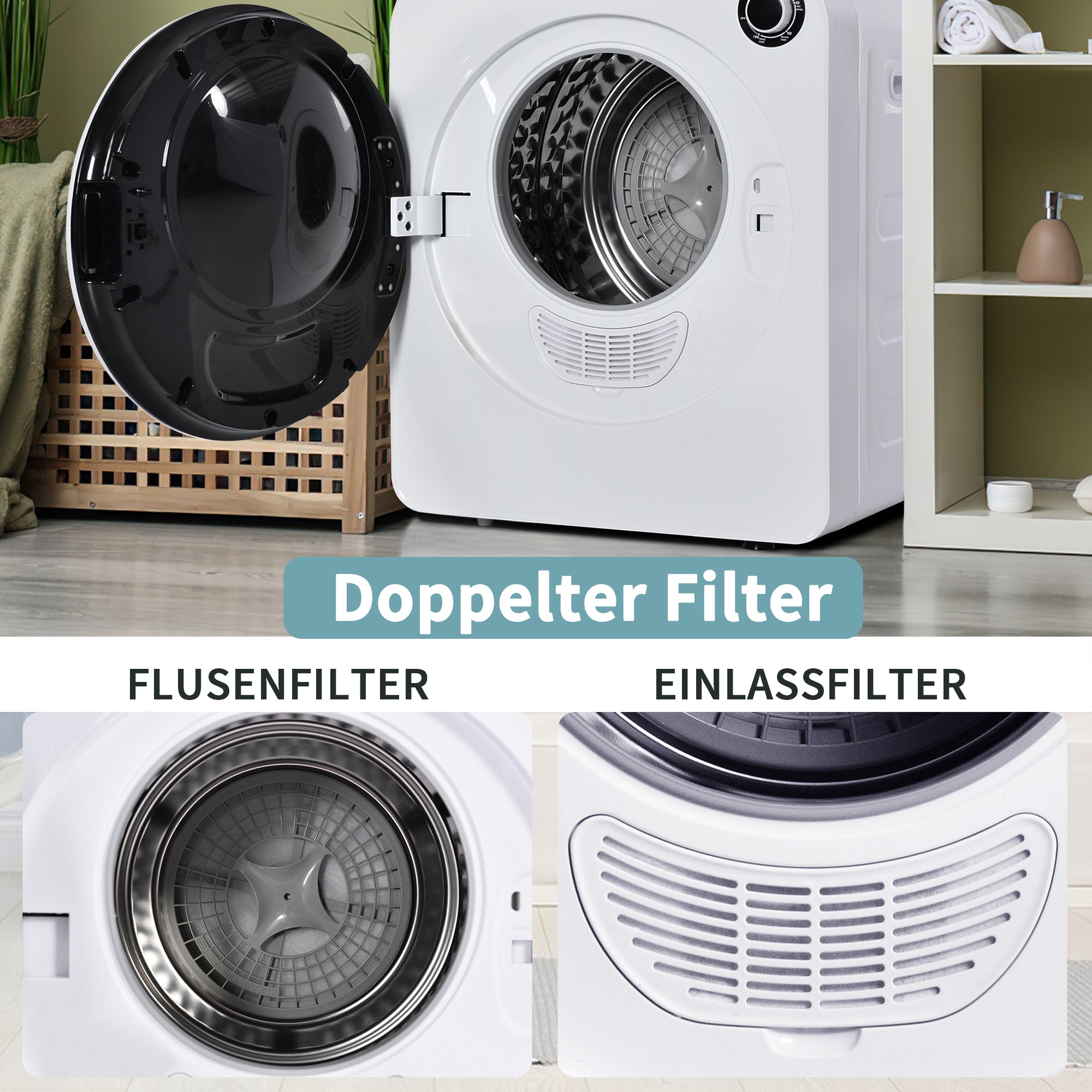 Vented Tumble Dryer, 3 kg, 830 W, Triple Filter, 5 Programs, Wall-Mountable, White Stainless Steel
