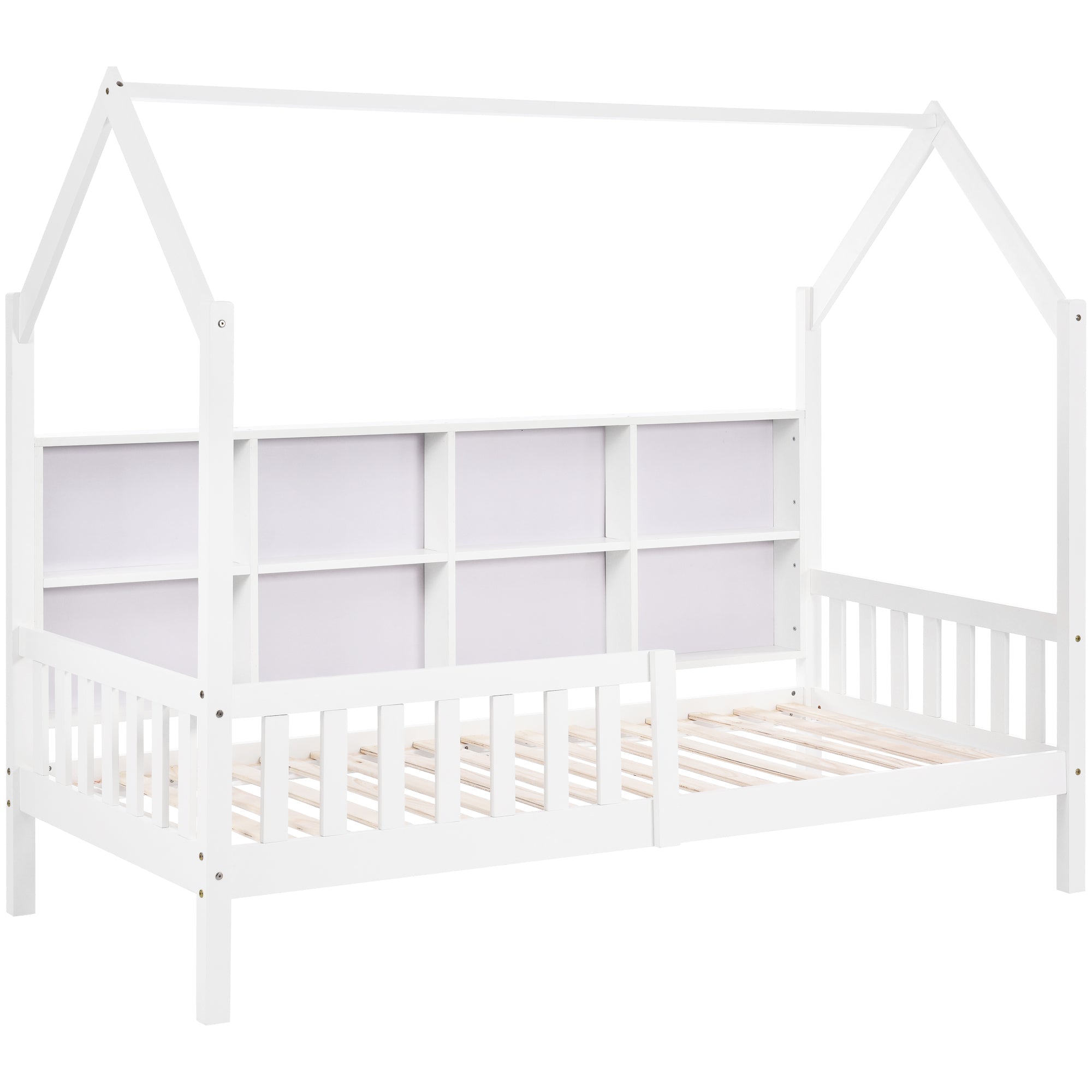 House Bed 90x200cm Multifunctional Storage Bookshelf 2 Drawers Fireplace Shape - White