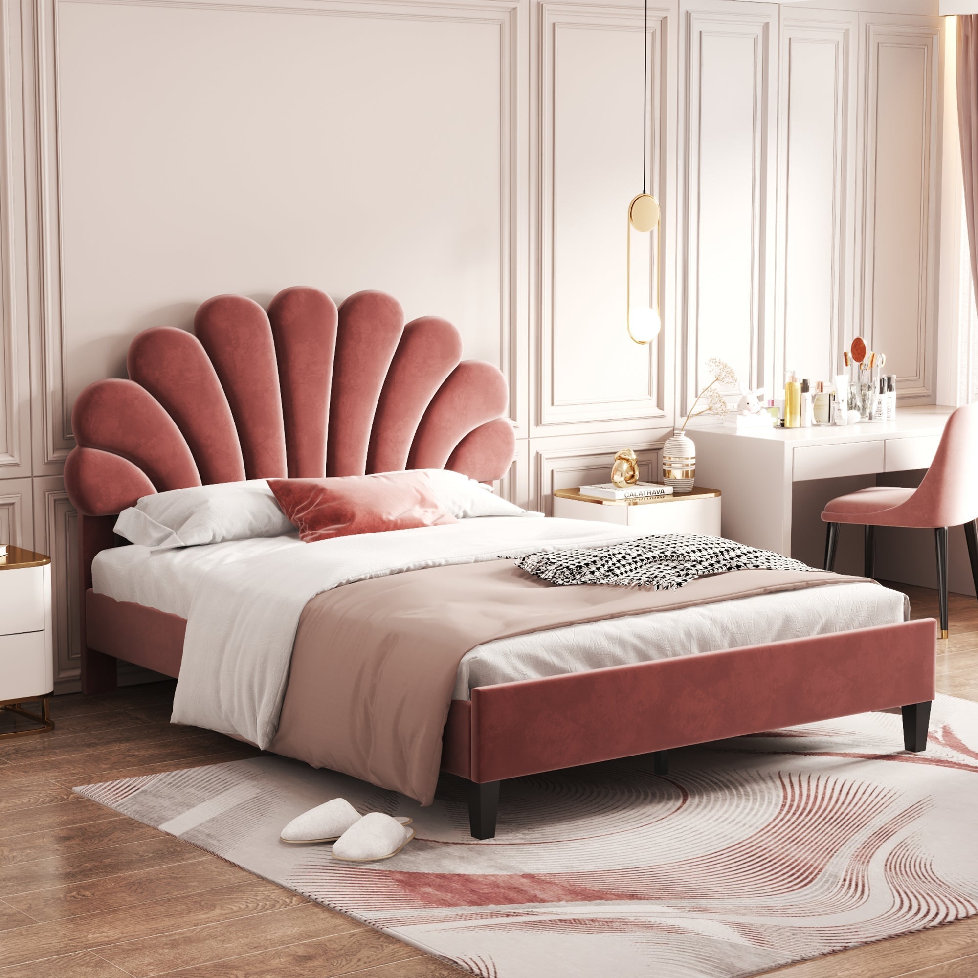 Upholstered Double Bed, 140x200cm Flower Headboard, Velvet Bean Red