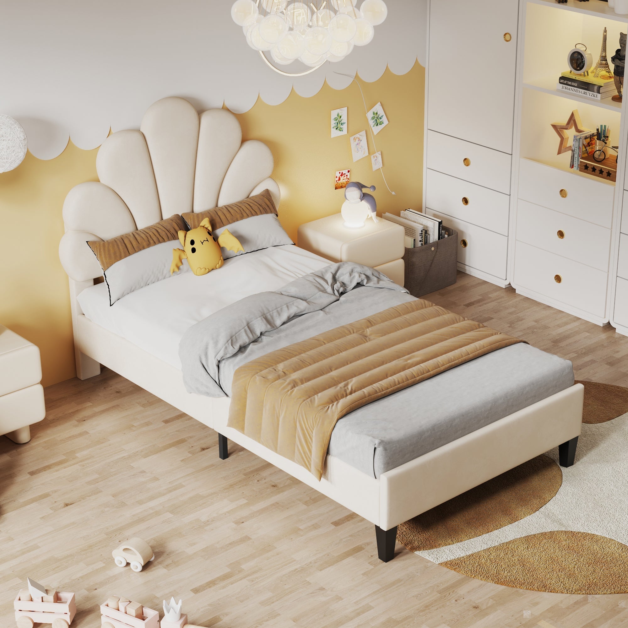 Upholstered Children's Bed with Flower Headboard and Slatted Frame, Velvet Fabric, Beige