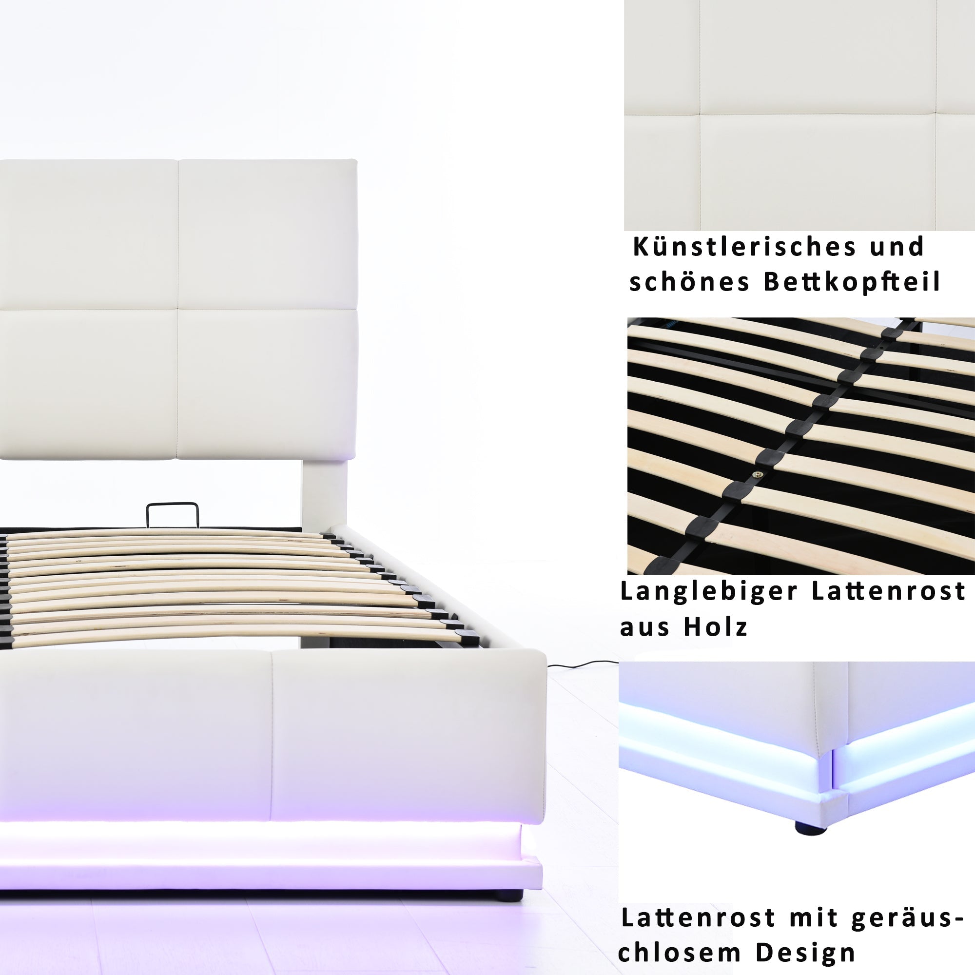 Upholstered Bed 140x200cm Hydraulic Storage LED Slatted Frame - White Faux Leather
