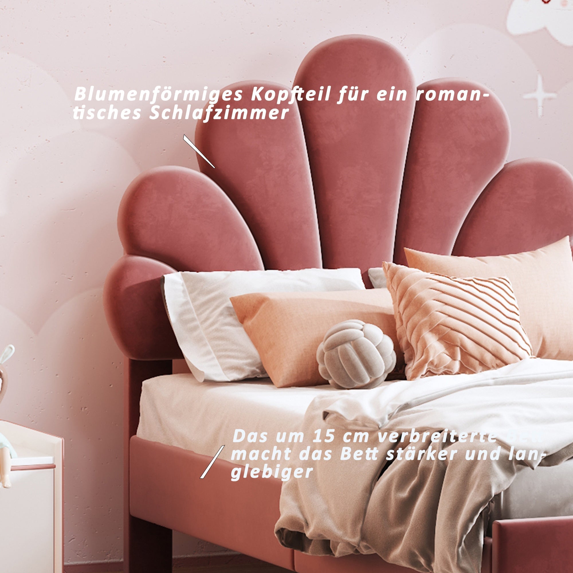 Upholstered Children's Bed 90 x 200 cm, Flower Headboard, Slatted Frame, Velvet Fabric, Bean Red