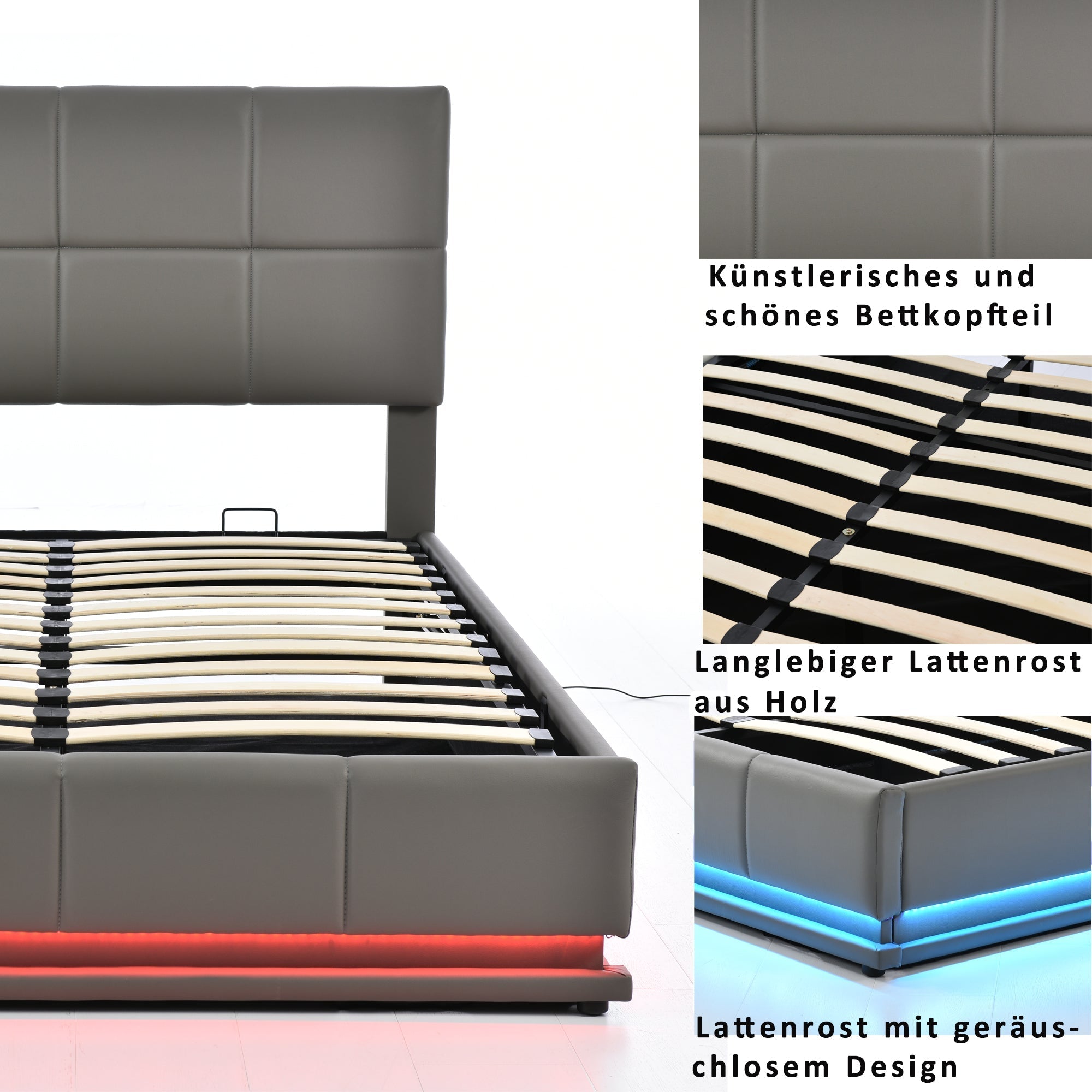 Upholstered Bed, 140x200cm LED Lighting & Liftable Storage, Faux Leather Gray