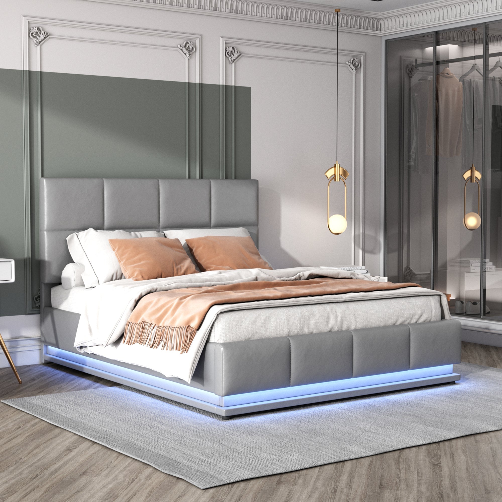 Upholstered Bed, 140x200cm LED Lighting & Liftable Storage, Faux Leather Gray