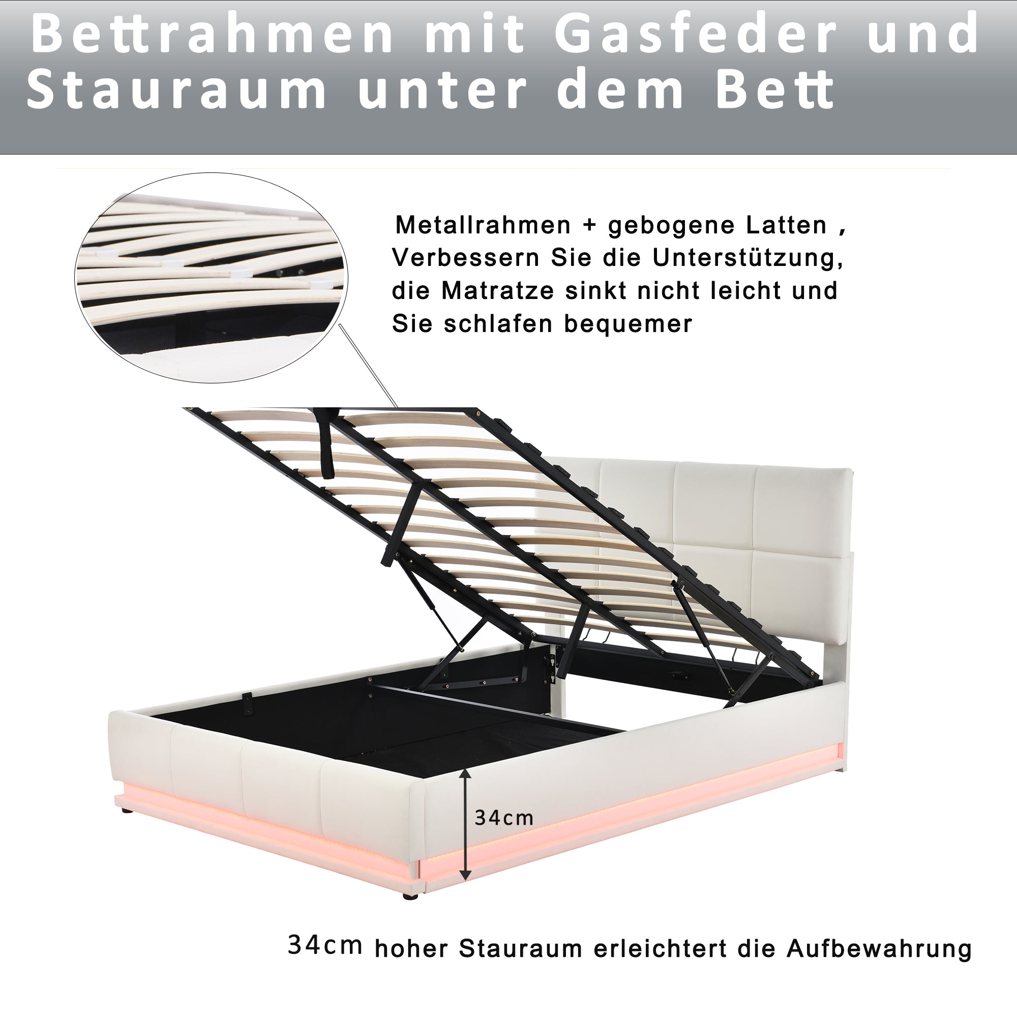 Upholstered Bed 140x200cm Hydraulic Storage LED Slatted Frame - White Faux Leather
