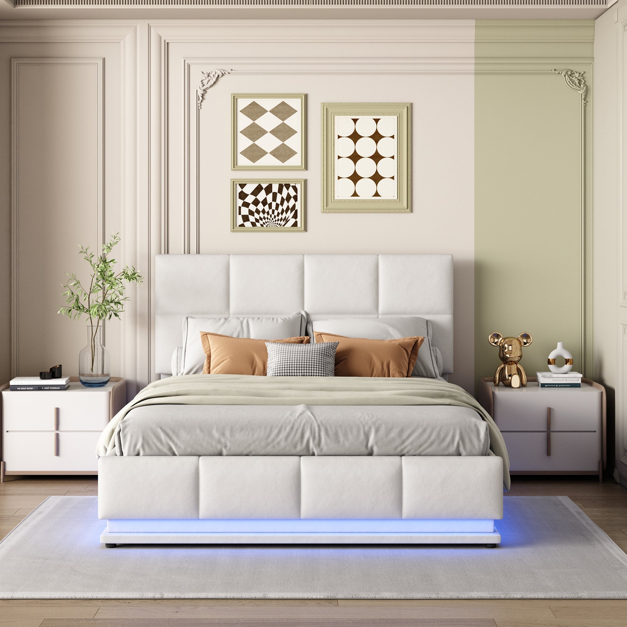 Upholstered Bed 140x200cm Hydraulic Storage LED Slatted Frame - White Faux Leather