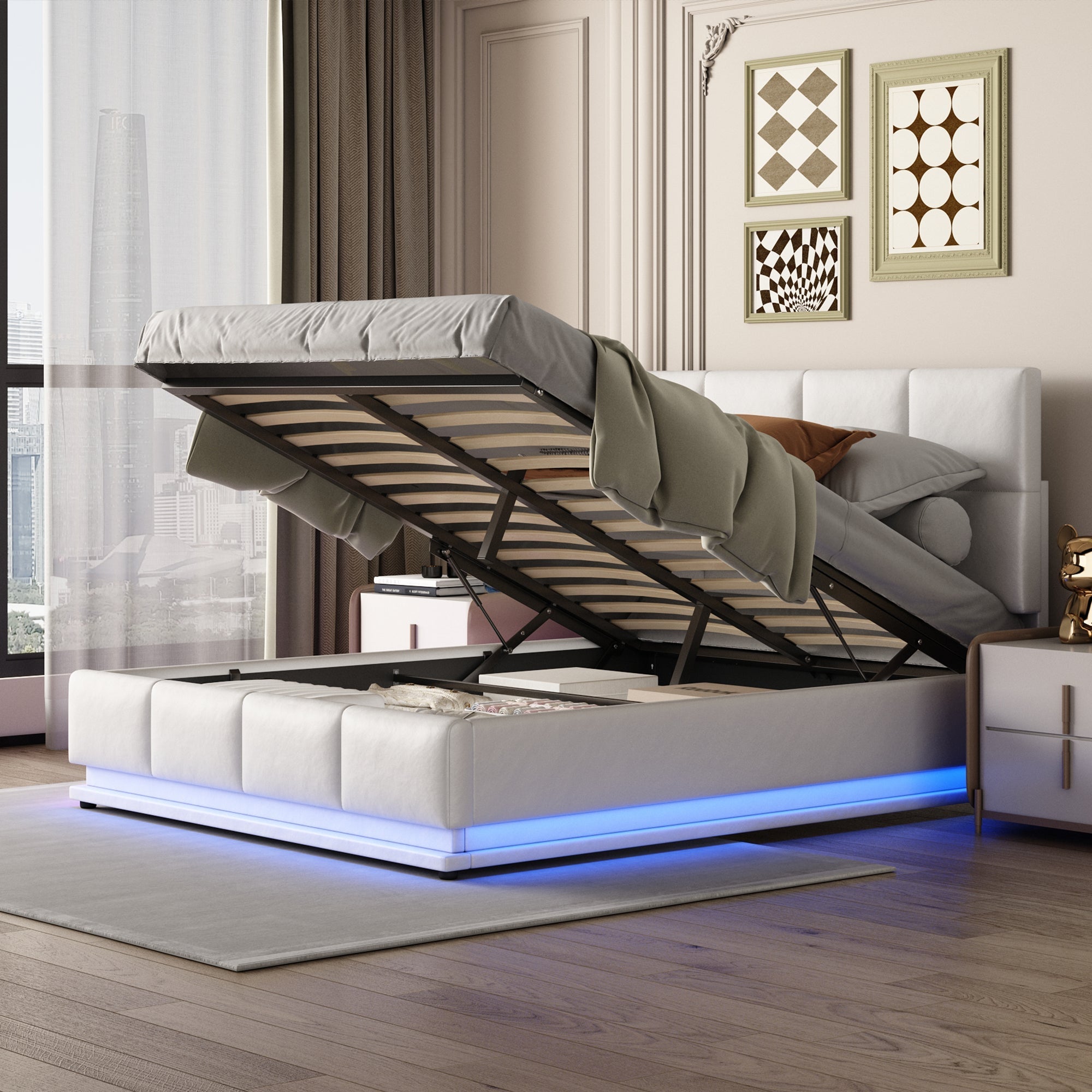 Upholstered Bed 140x200cm Hydraulic Storage LED Slatted Frame - White Faux Leather