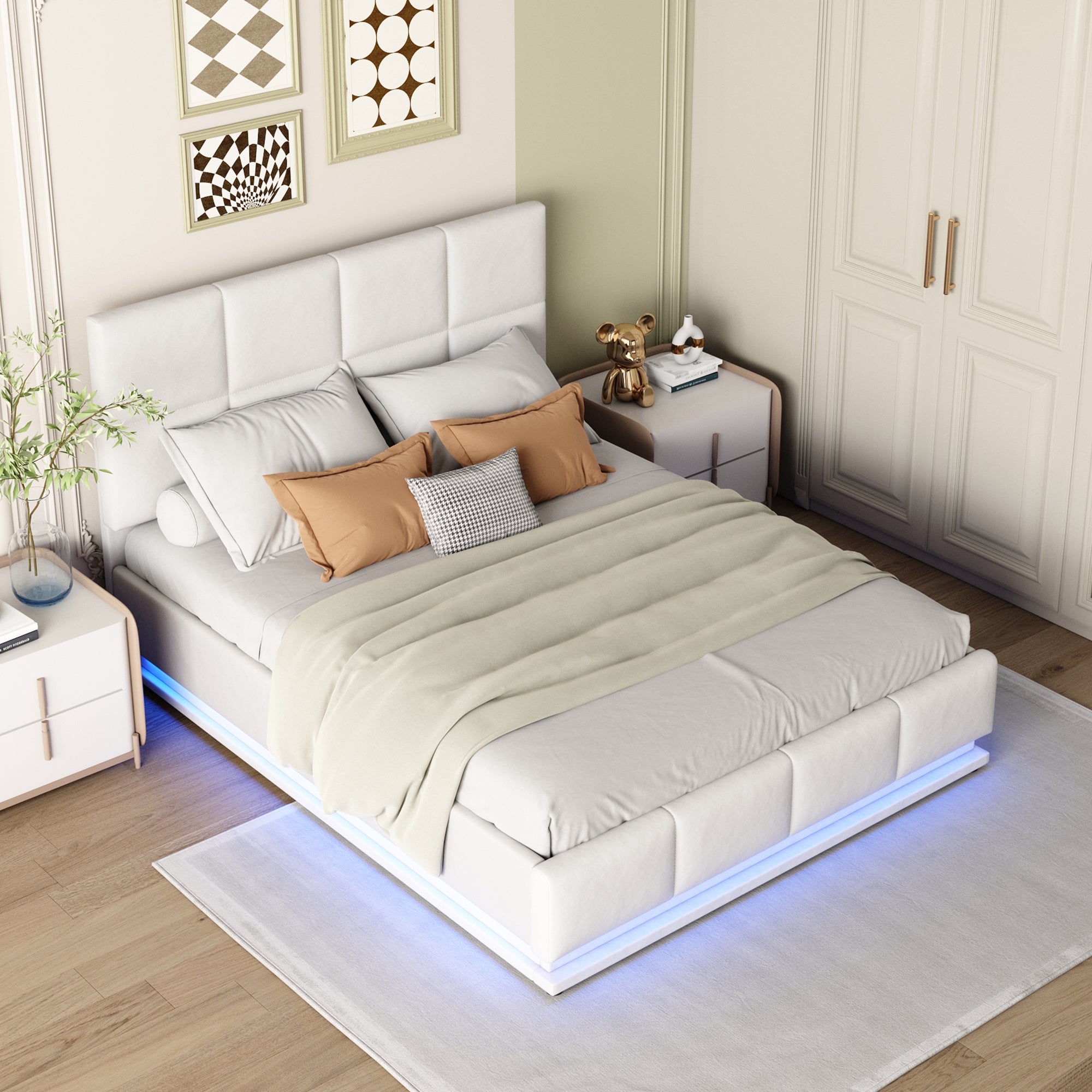 Upholstered Bed 140x200cm Hydraulic Storage LED Slatted Frame - White Faux Leather