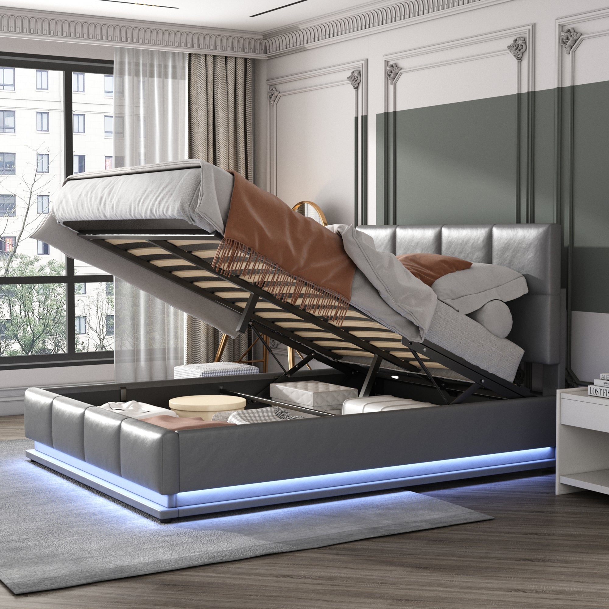 Upholstered Bed, 140x200cm LED Lighting & Liftable Storage, Faux Leather Gray