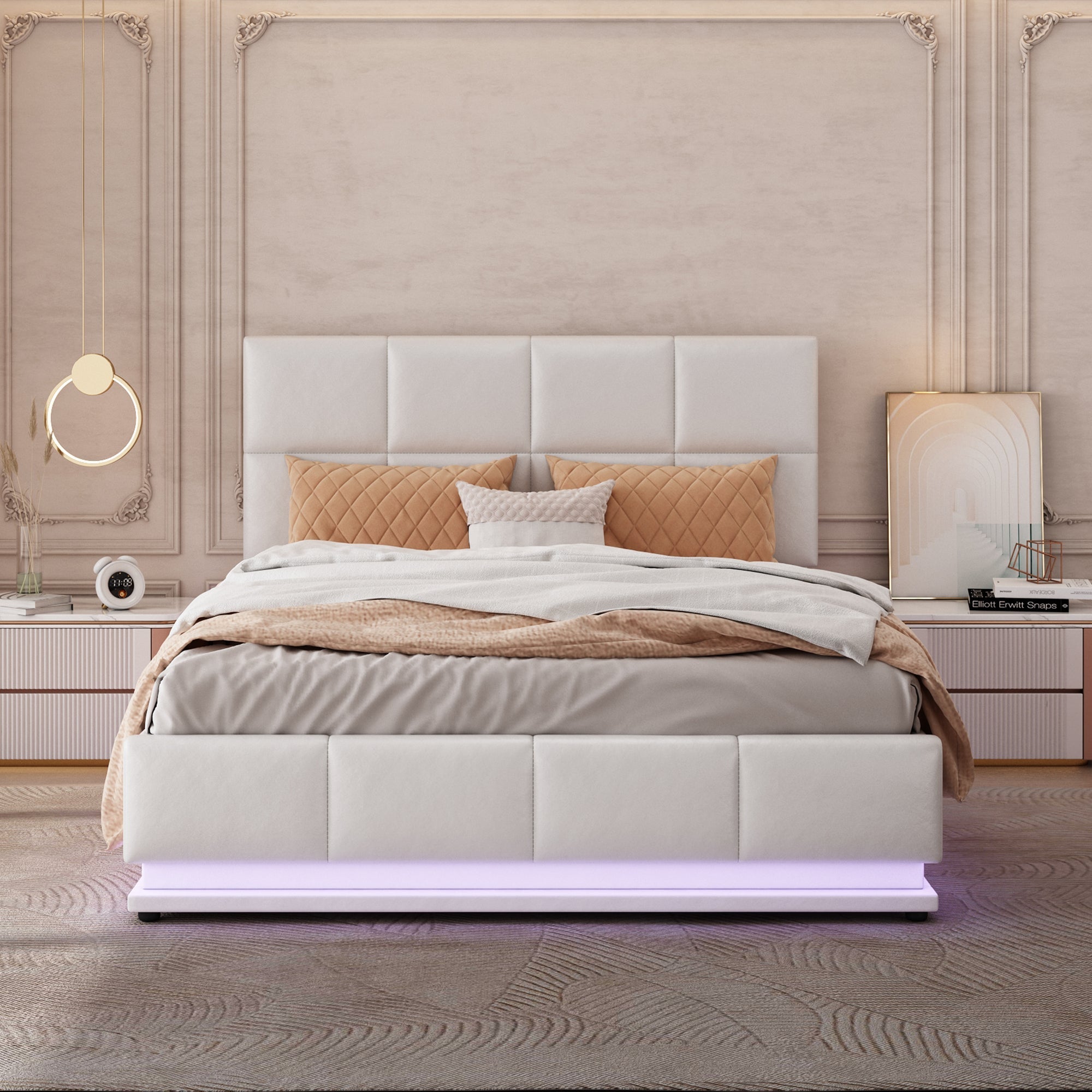 Upholstered Bed 140x200cm Hydraulic Storage LED Slatted Frame - White Faux Leather