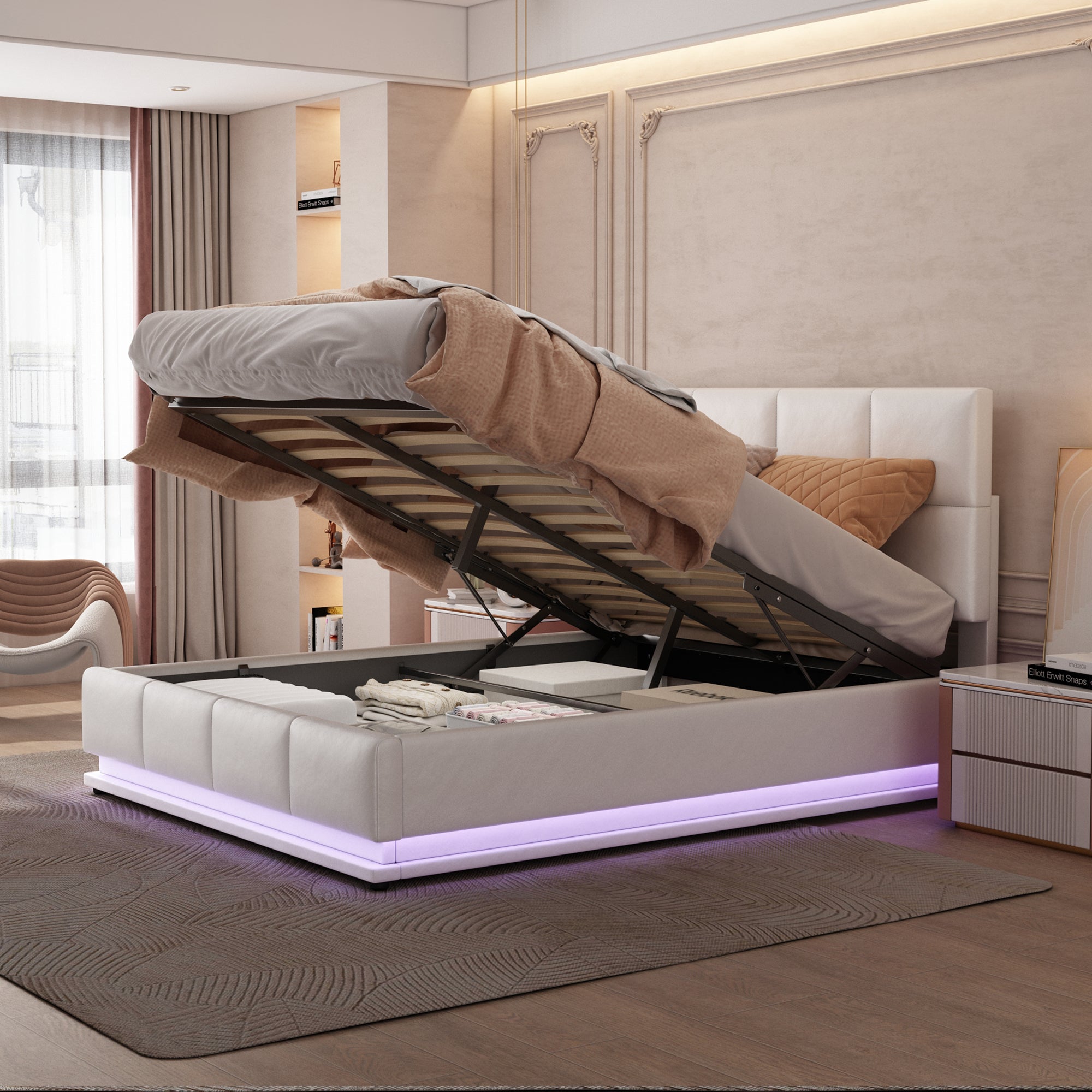 Upholstered Bed 140x200cm Hydraulic Storage LED Slatted Frame - White Faux Leather