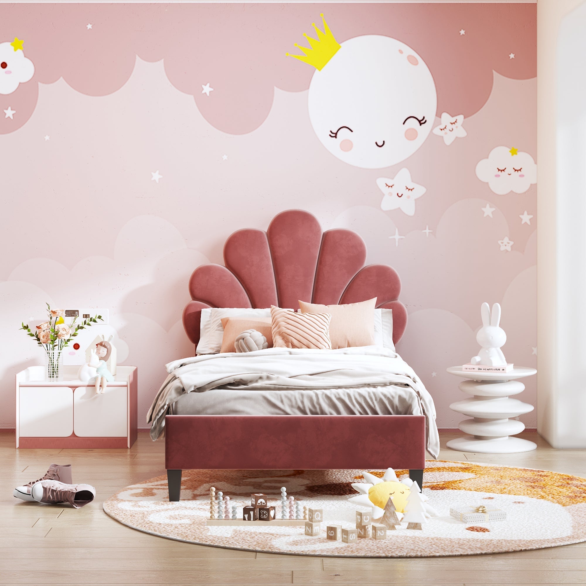 Upholstered Children's Bed 90 x 200 cm, Flower Headboard, Slatted Frame, Velvet Fabric, Bean Red