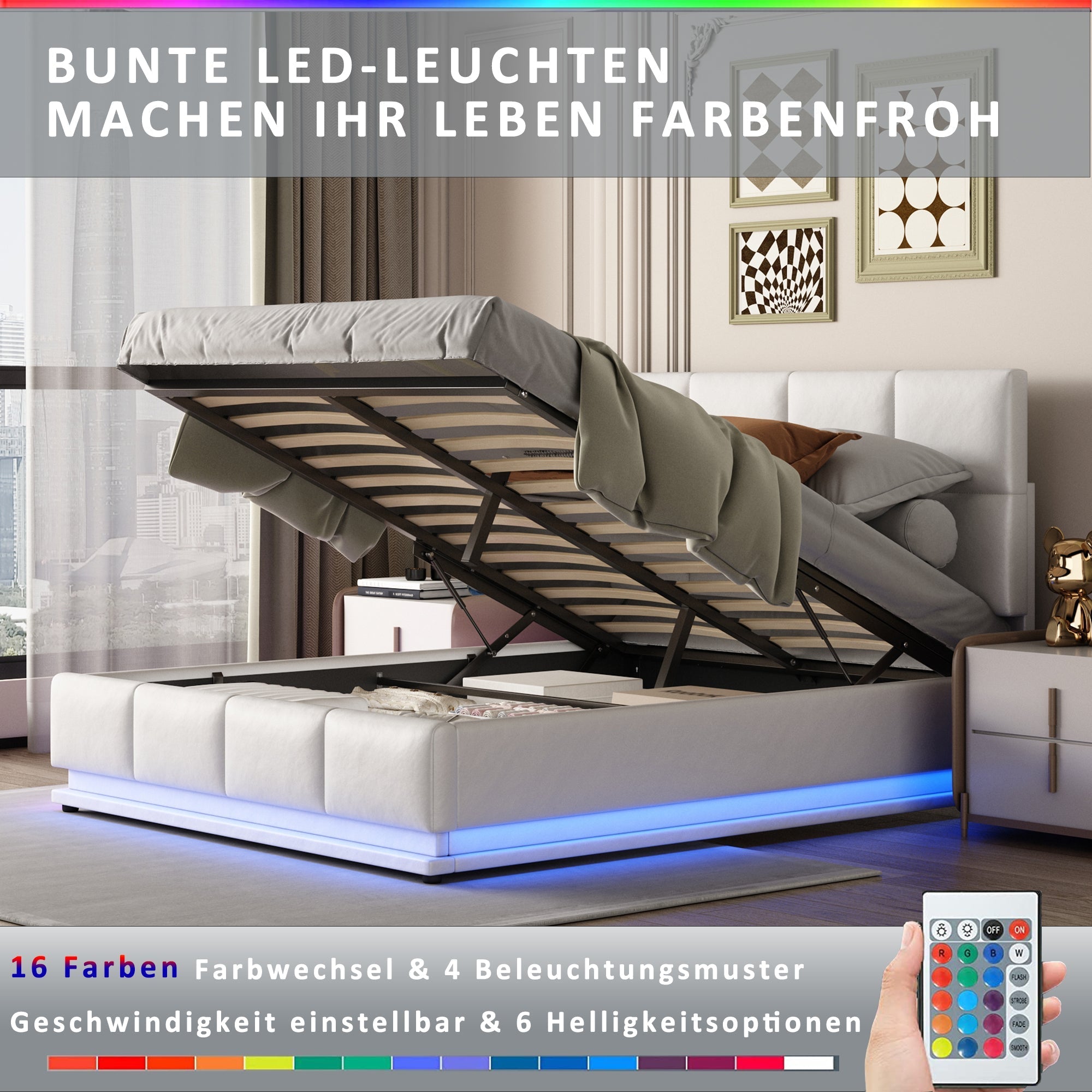 Upholstered Bed 140x200cm Hydraulic Storage LED Slatted Frame - White Faux Leather