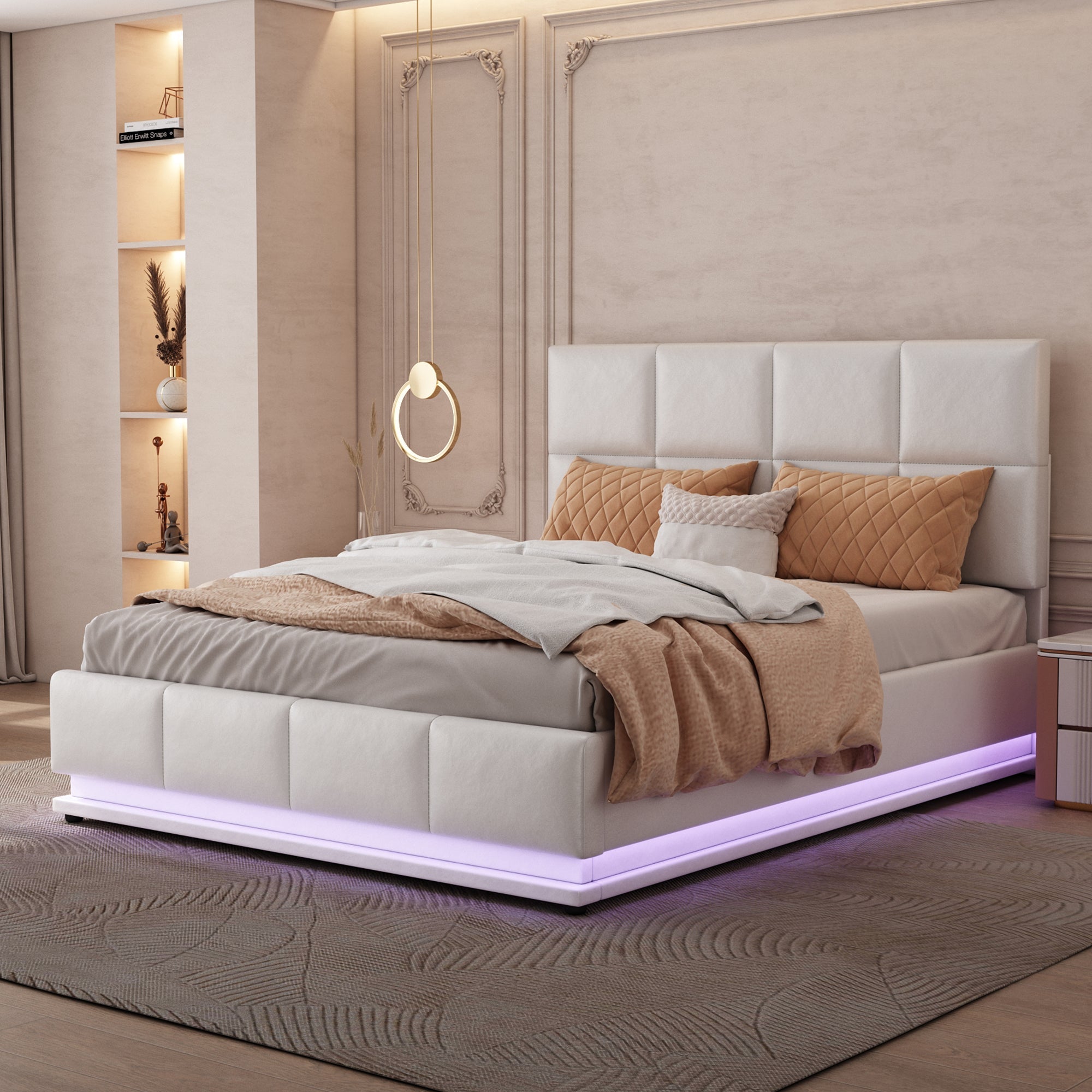 Upholstered Bed 140x200cm Hydraulic Storage LED Slatted Frame - White Faux Leather