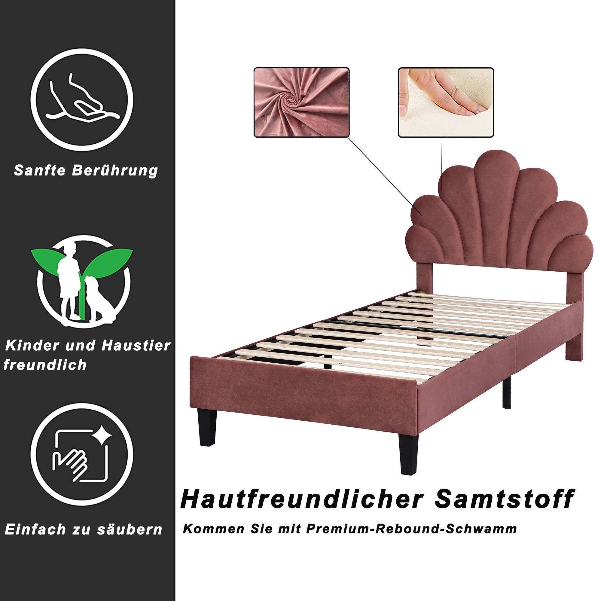 Upholstered Children's Bed 90 x 200 cm, Flower Headboard, Slatted Frame, Velvet Fabric, Bean Red
