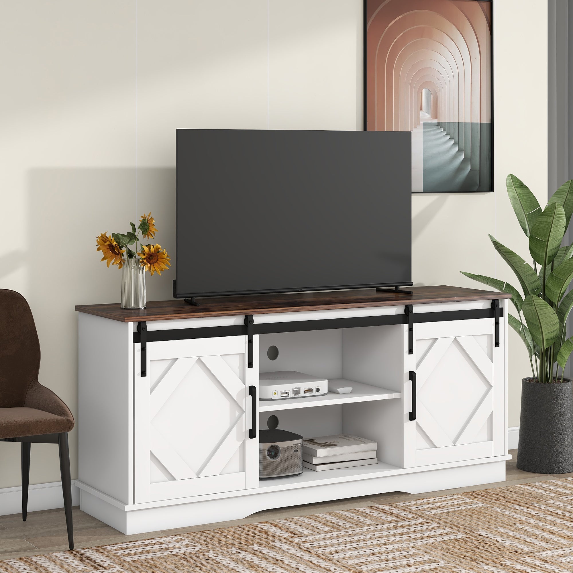 TV Cabinet 150x40x60cm 2 Sliding Doors Adjustable Shelves - Country Modern