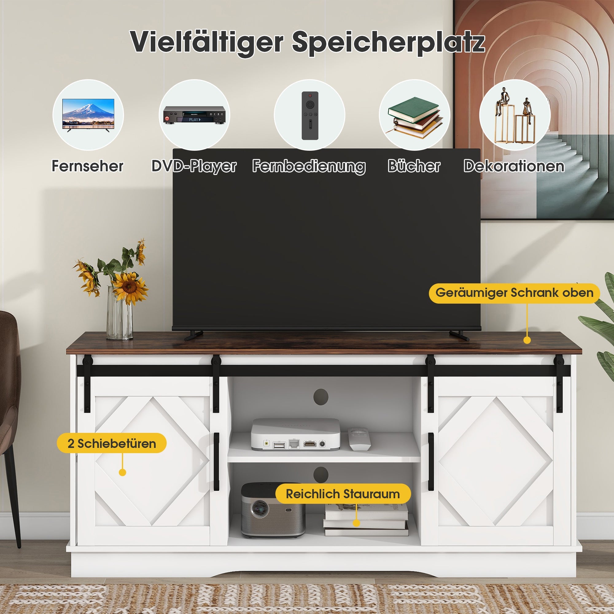 TV Cabinet 150x40x60cm 2 Sliding Doors Adjustable Shelves - Country Modern