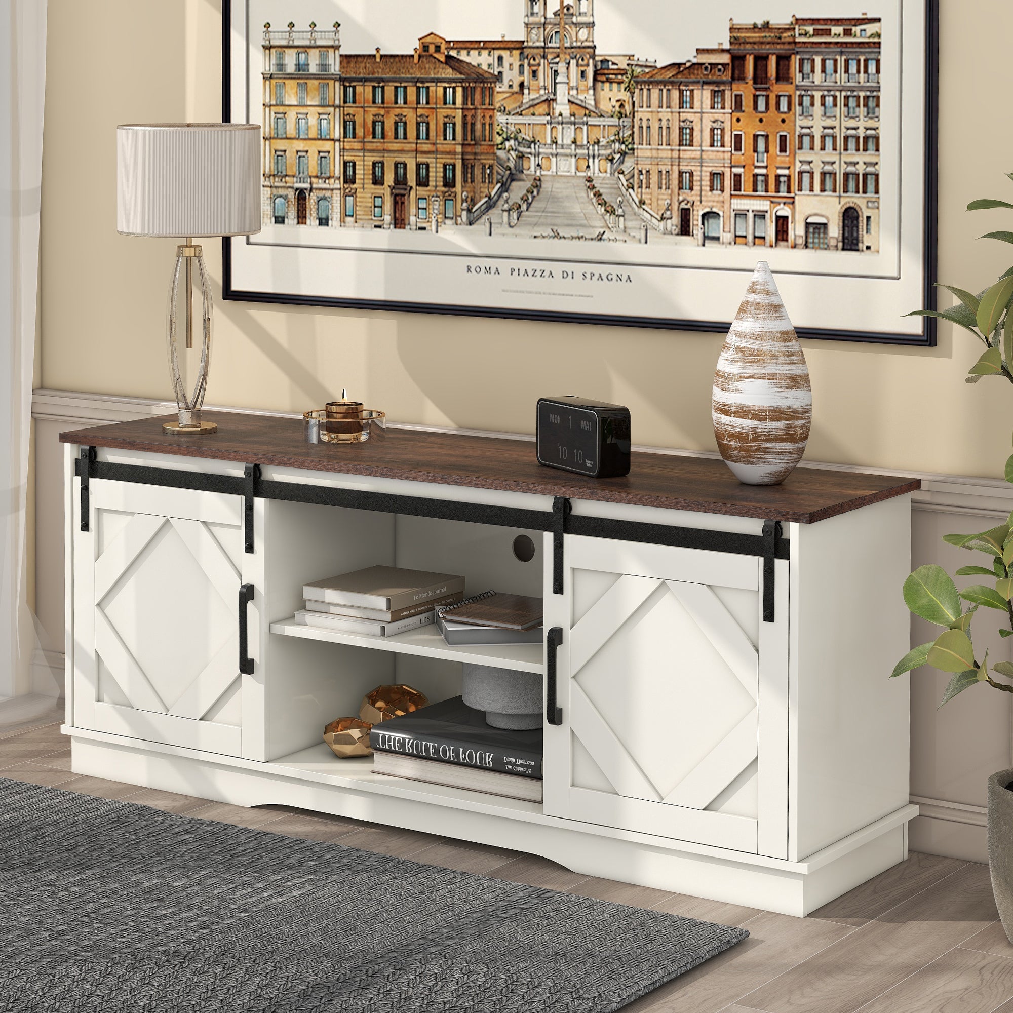 TV Cabinet 150x40x60cm 2 Sliding Doors Adjustable Shelves - Country Modern