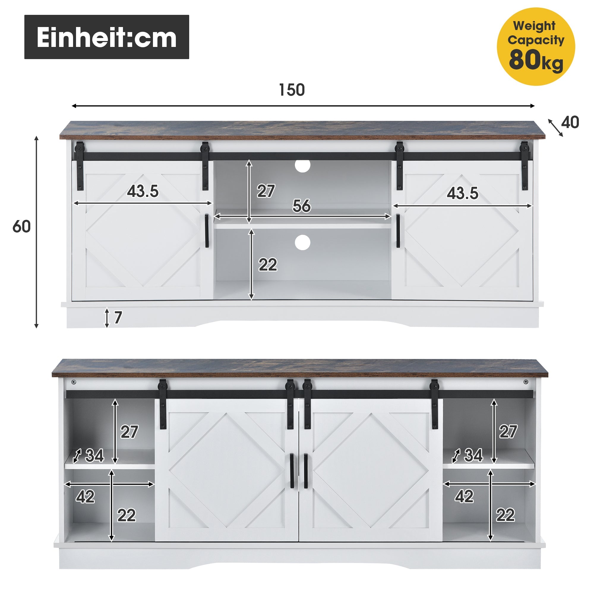 TV Cabinet 150x40x60cm 2 Sliding Doors Adjustable Shelves - Country Modern