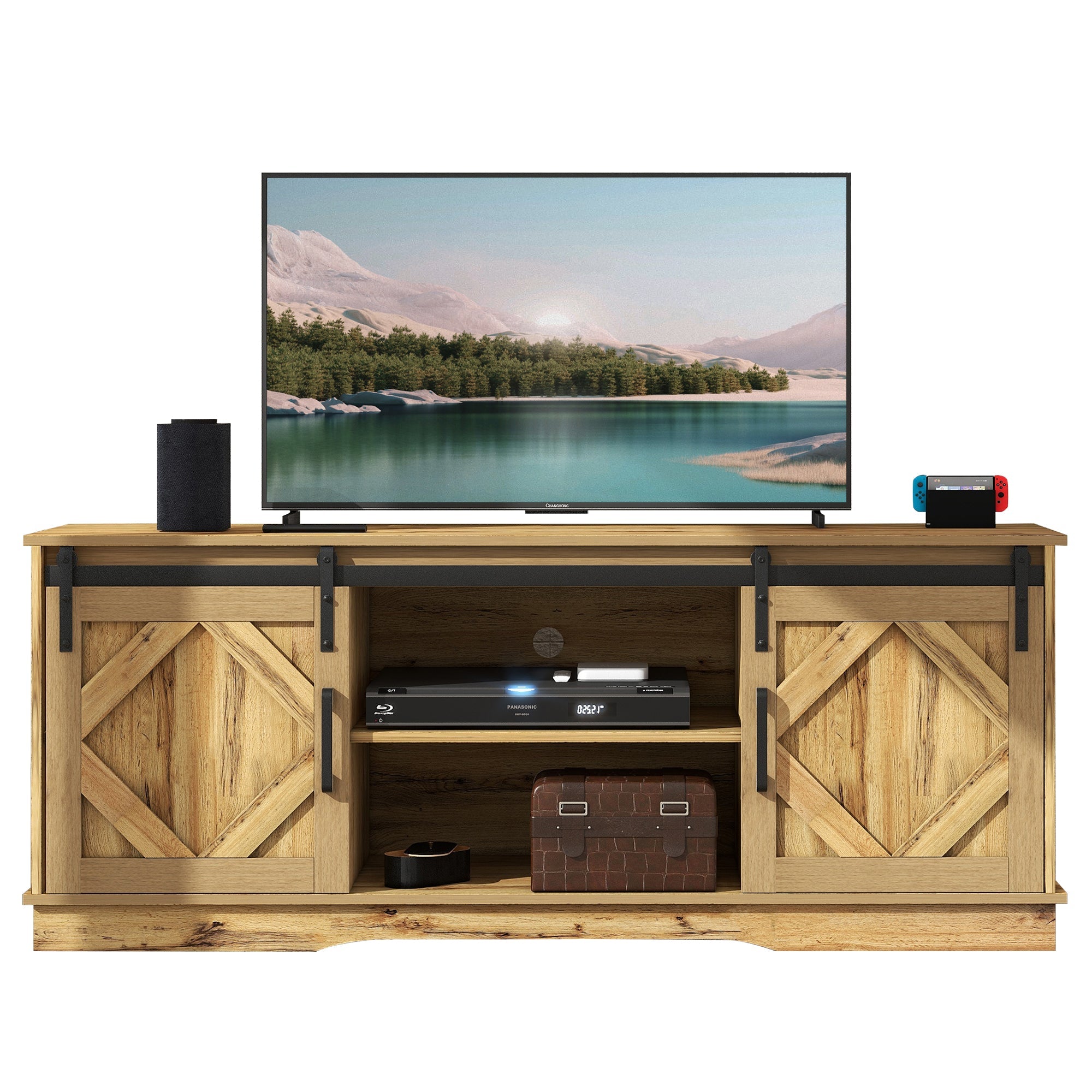 Large TV Cabinet/Stand, 2 Sliding Doors Adjustable Shelves, Vintage Brown